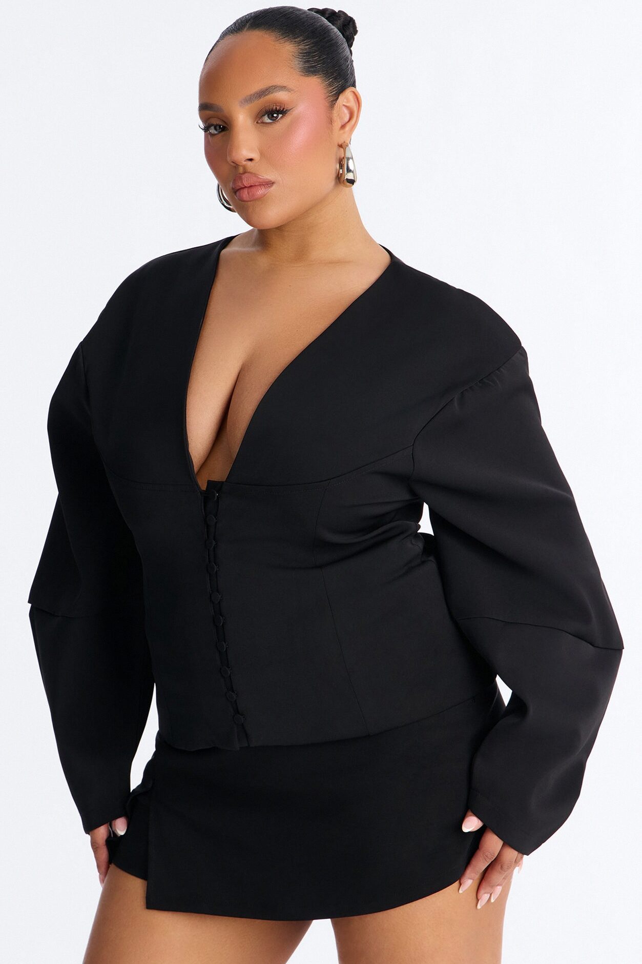 Off Duty Boss Puff Sleeve Button Front Blouse - Black