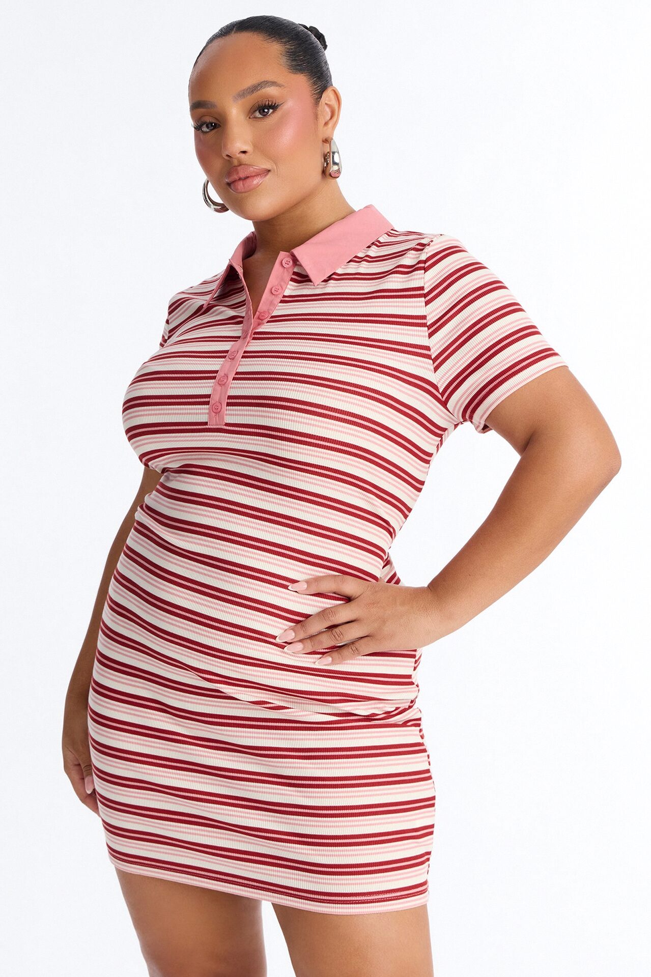 School Night Short Sleeve Ribbed Mini Dress - Pink/combo