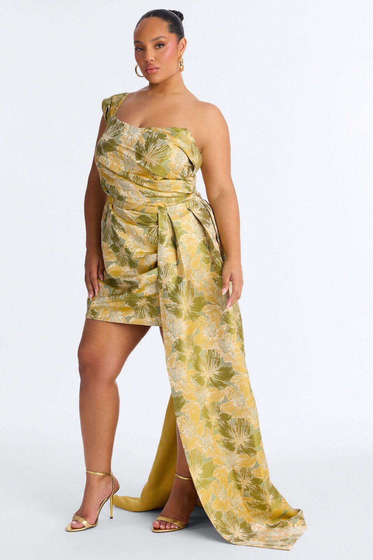 Isabella Removable Train Jacquard Mini Dress - Green/combo