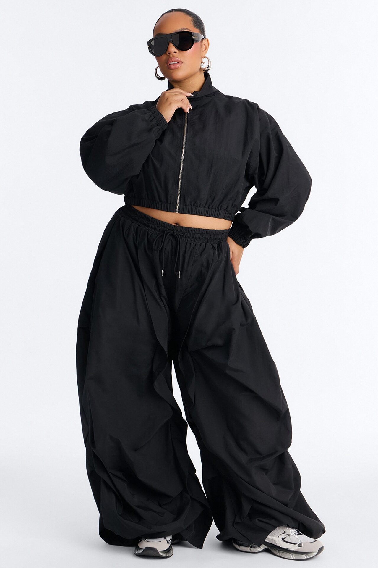 Midnight Drift Extreme Wide Leg Windbreaker Set - Black