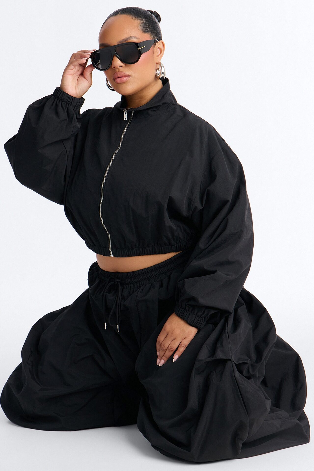 Midnight Drift Extreme Wide Leg Windbreaker Set - Black