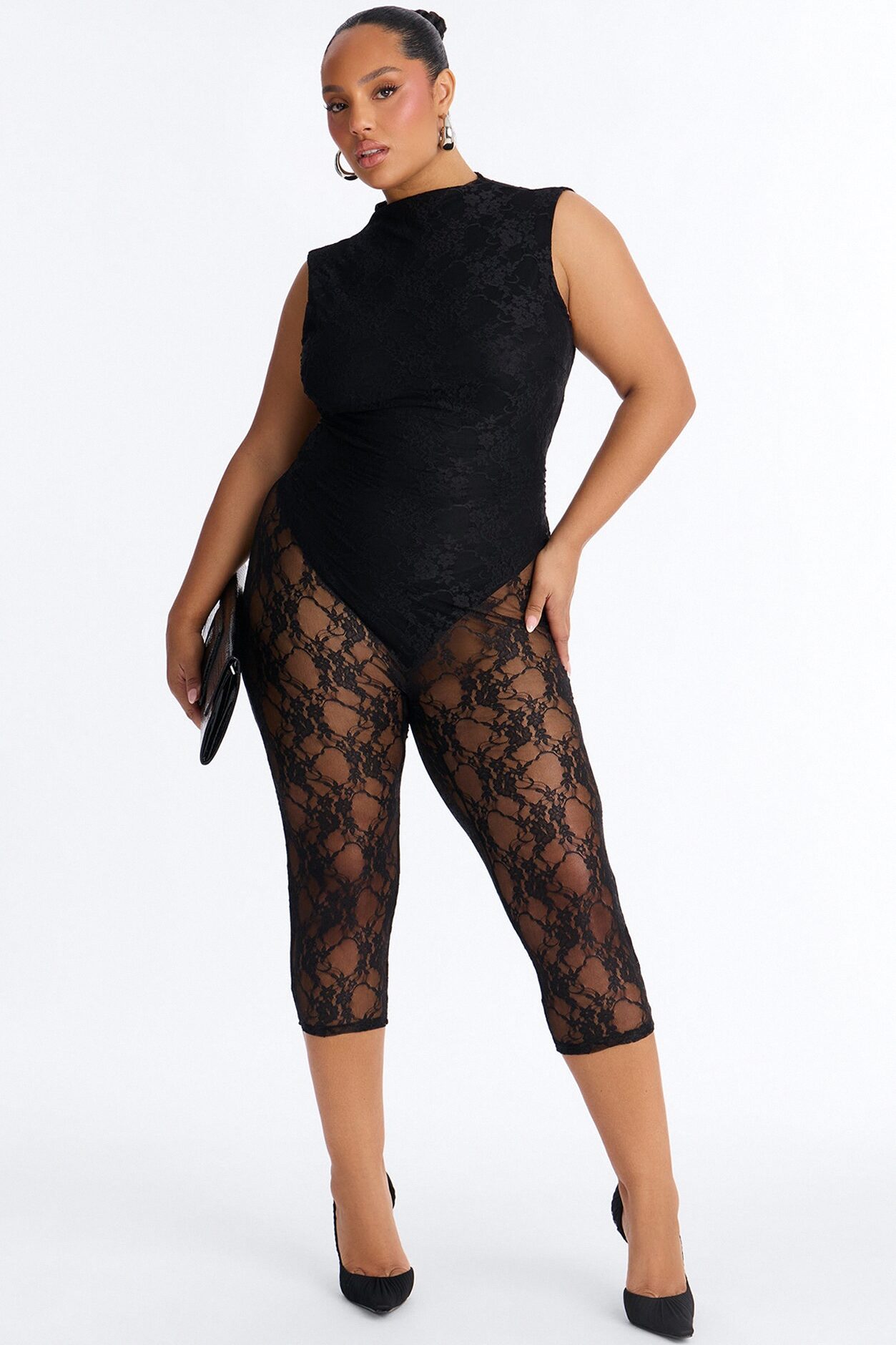 Miley Backless Lace Capri Catsuit - Black