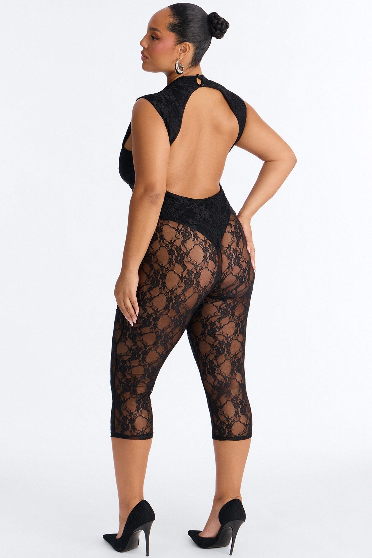 Miley Backless Lace Capri Catsuit - Black