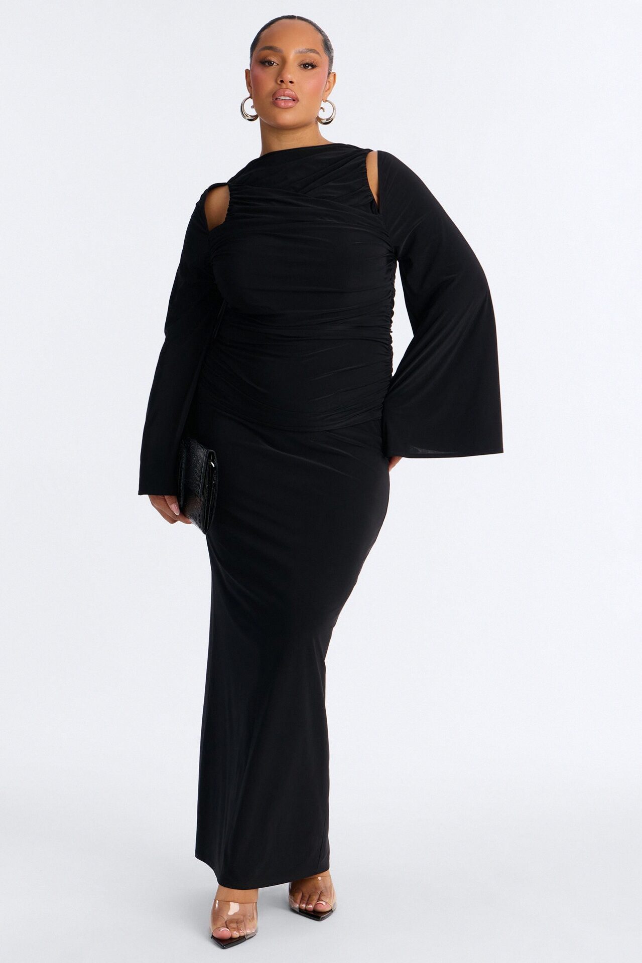 Carlita Ruched High Neck Maxi Skirt Set - Black