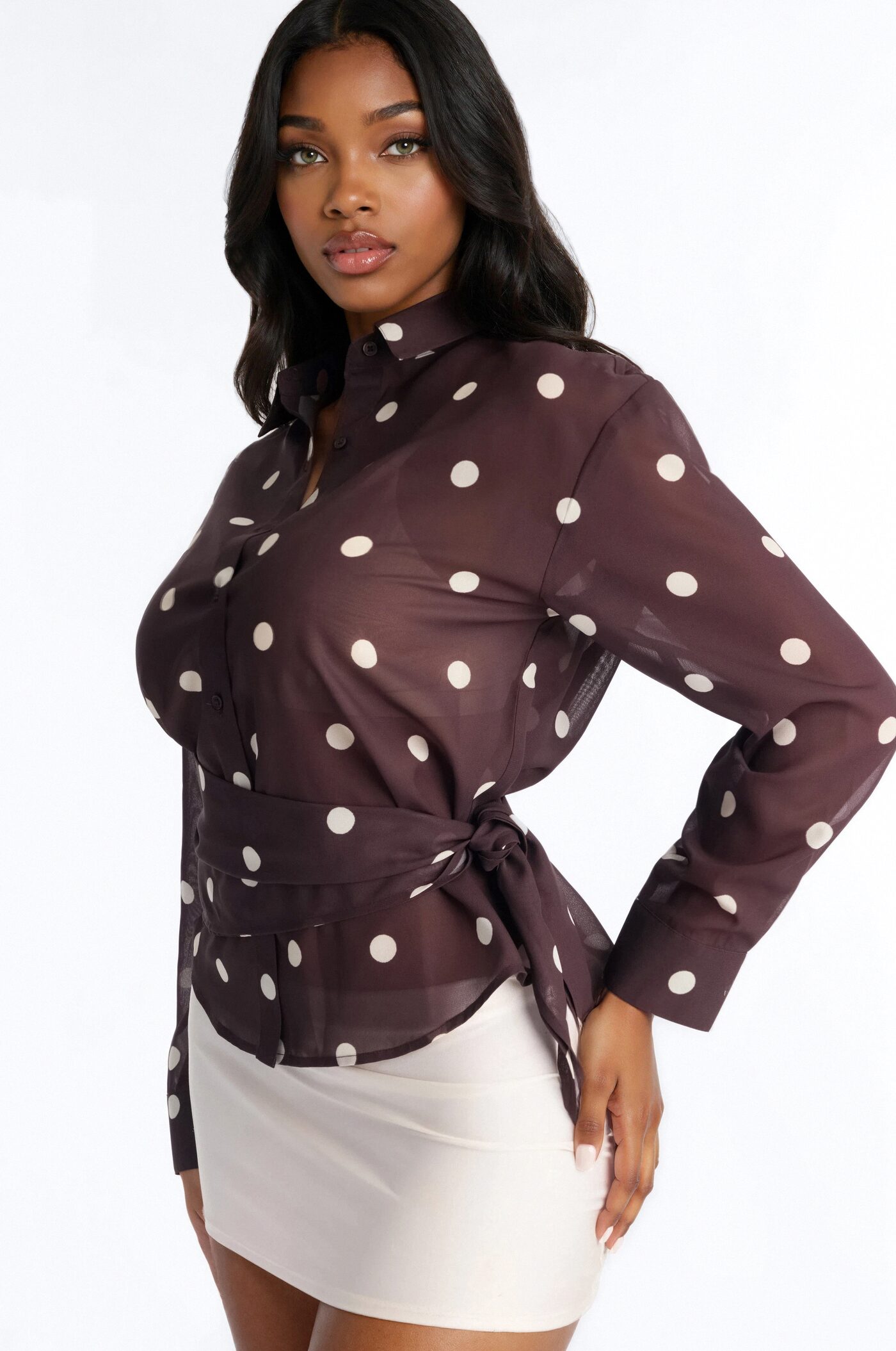 Polka Dot Obsession Wrap Over Chiffon Shirt - Brown/combo