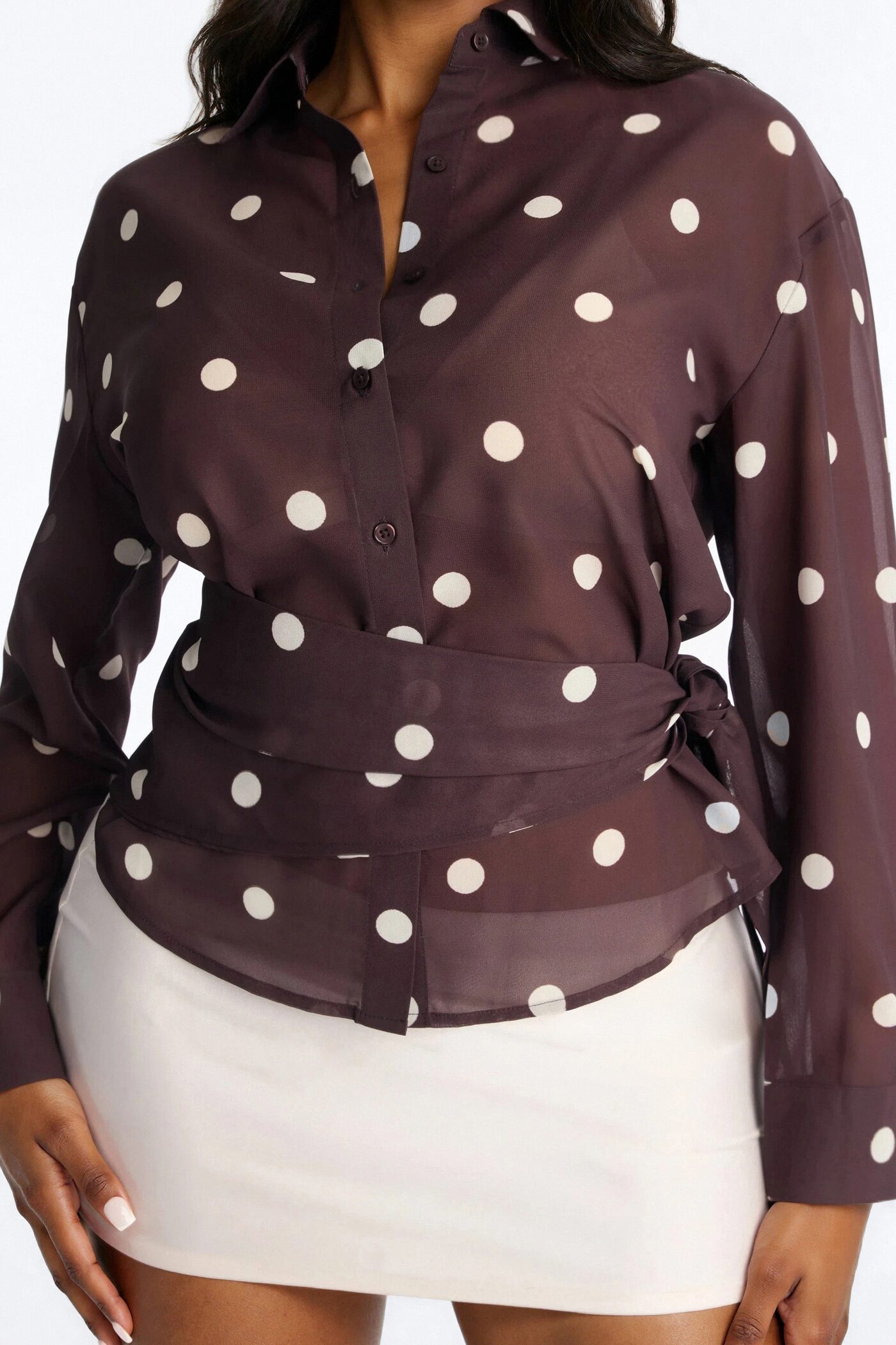 Polka Dot Obsession Wrap Over Chiffon Shirt - Brown/combo
