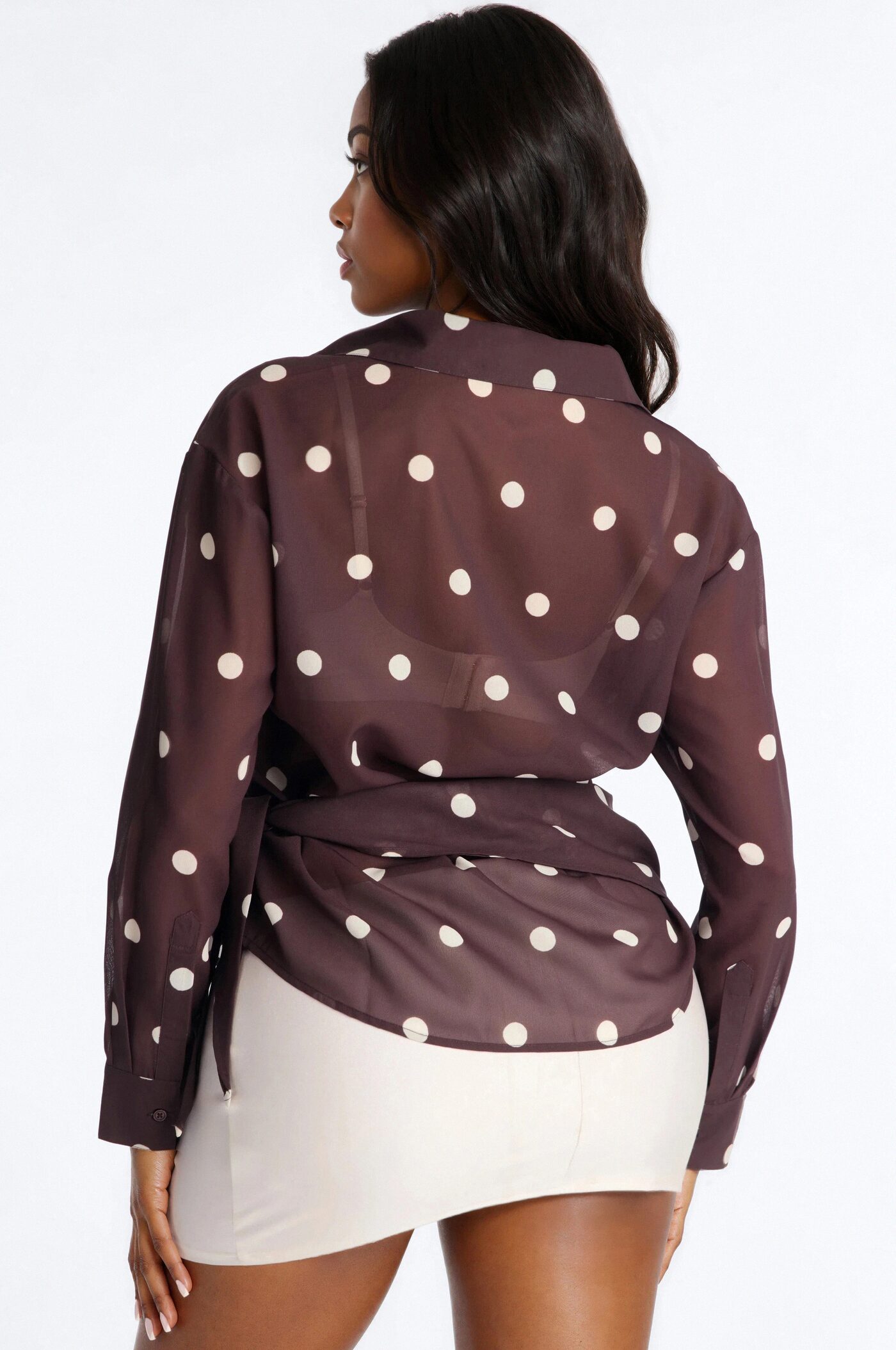 Polka Dot Obsession Wrap Over Chiffon Shirt - Brown/combo