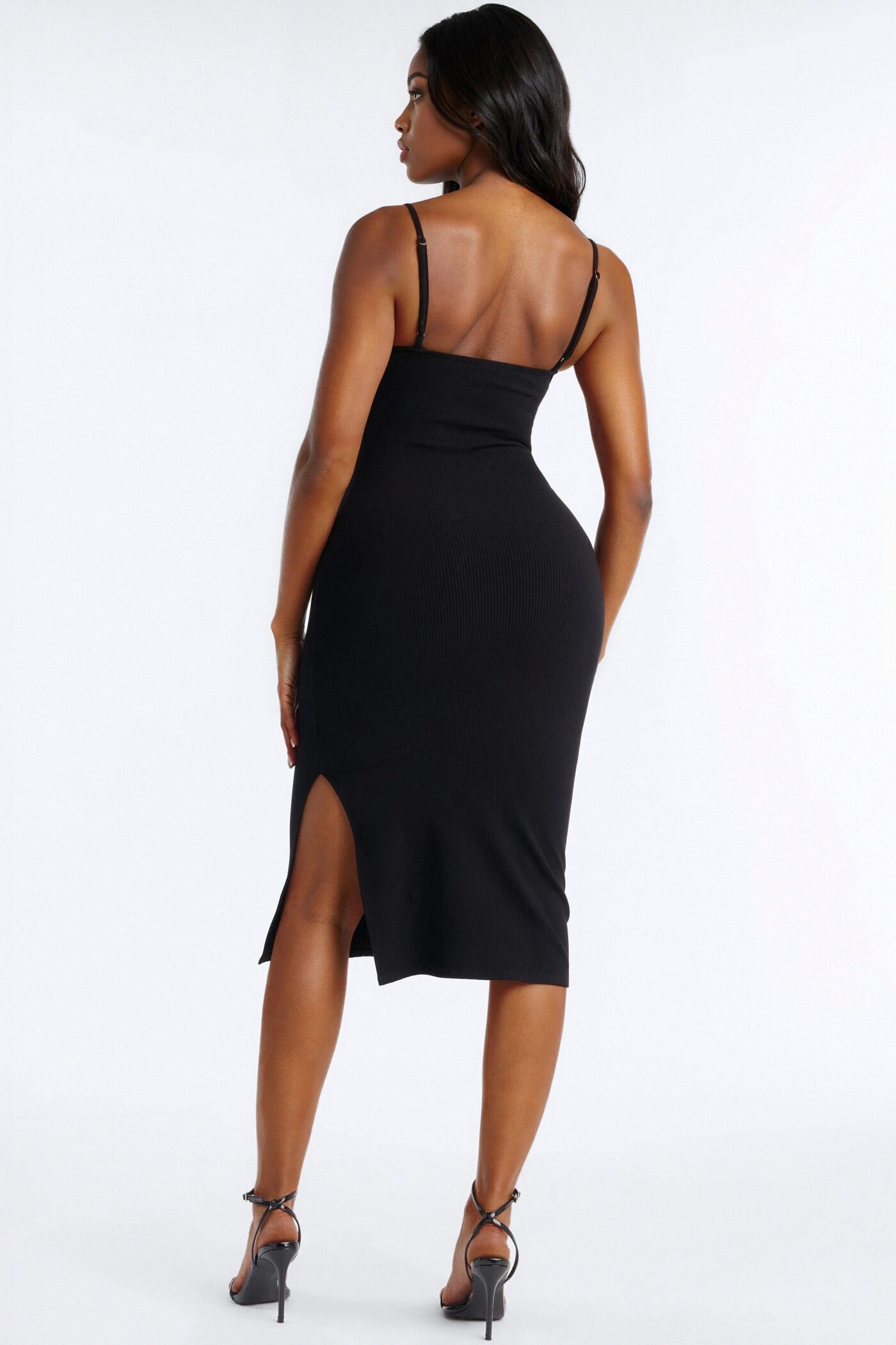 Paloma Ruffle Ribbed Midi Dress - Black