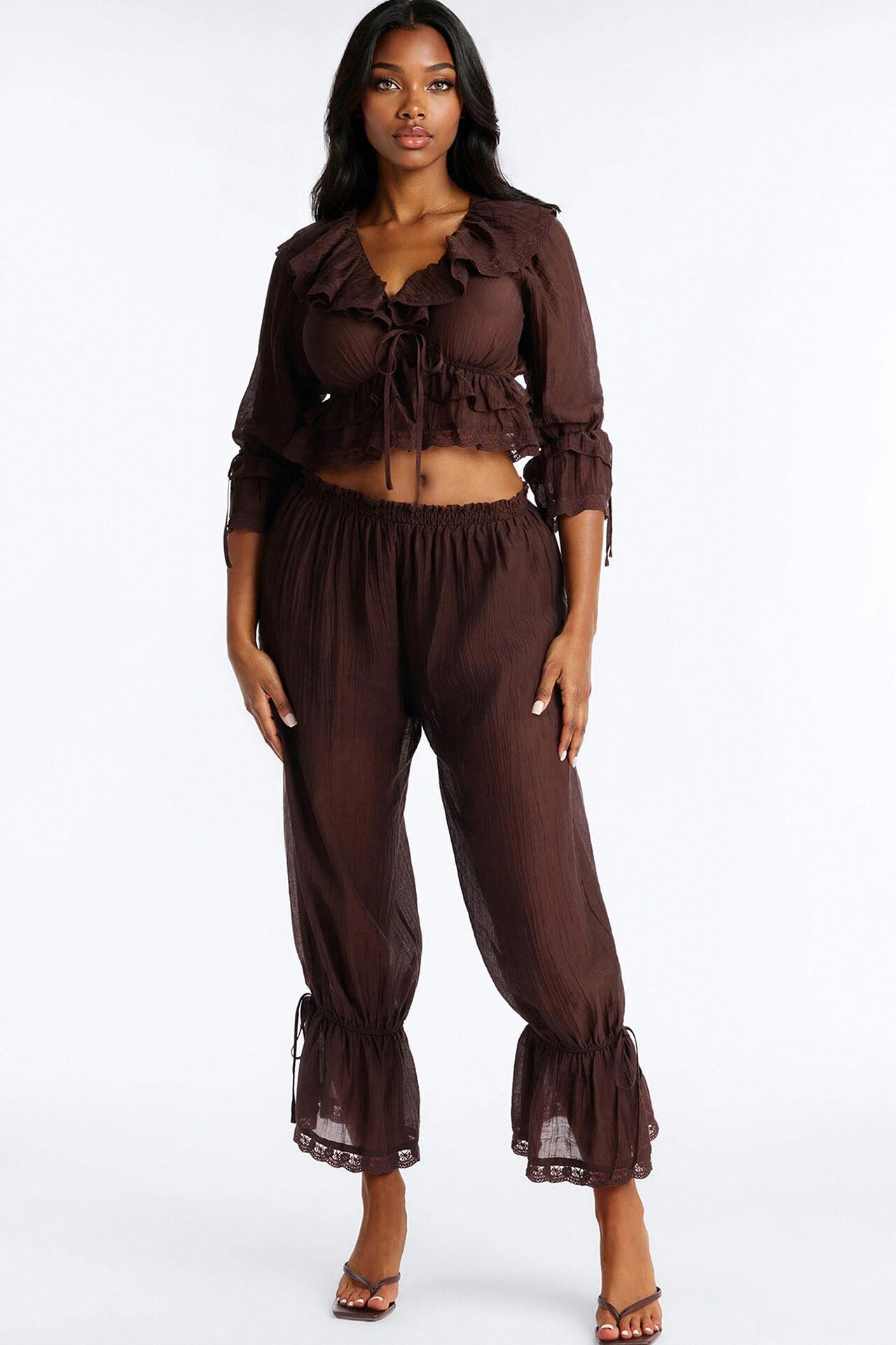 Hazel Ruffled Pant Set - Brown