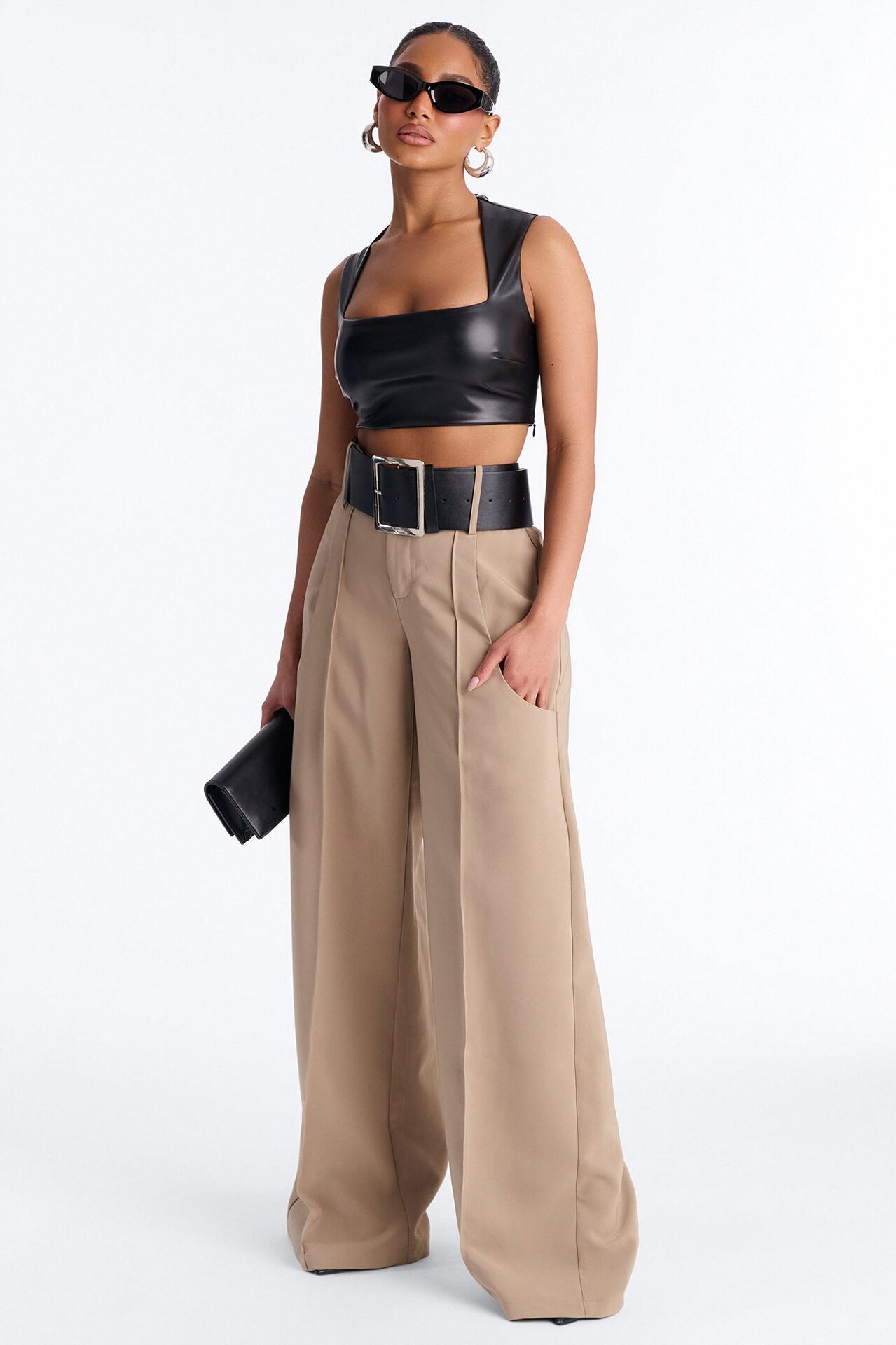 Ramona Pocket Detail Belted Wide Leg Pant 33″ - Khaki