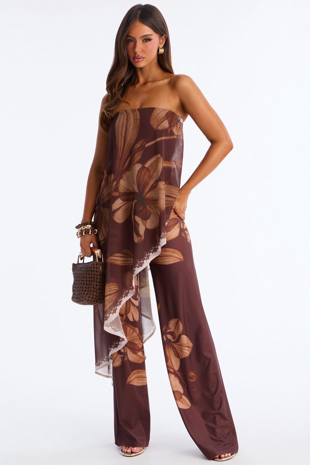 Island Time Asymmetrical Floral Wide Leg Jumpsuit - Brown/combo