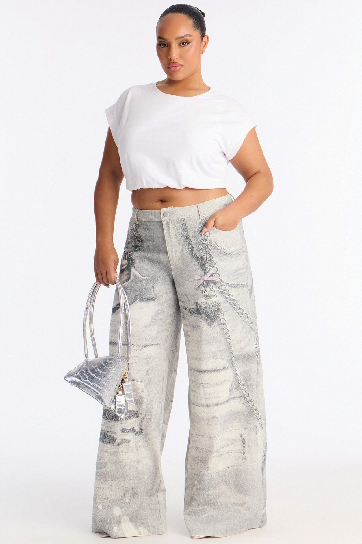 No Chances Wide Leg Low Rise Pant 32″ - Grey/combo