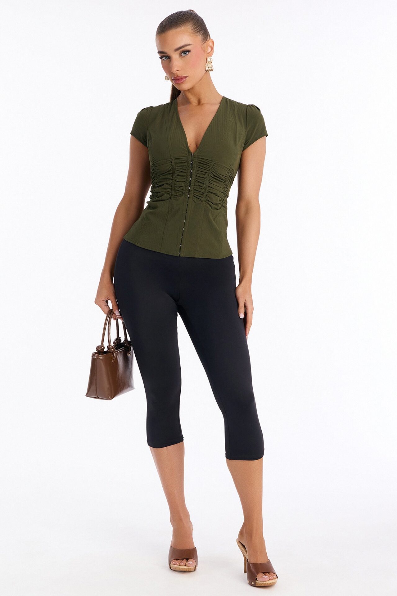 Catch Feelings Short Sleeve Ruched Top - Olive