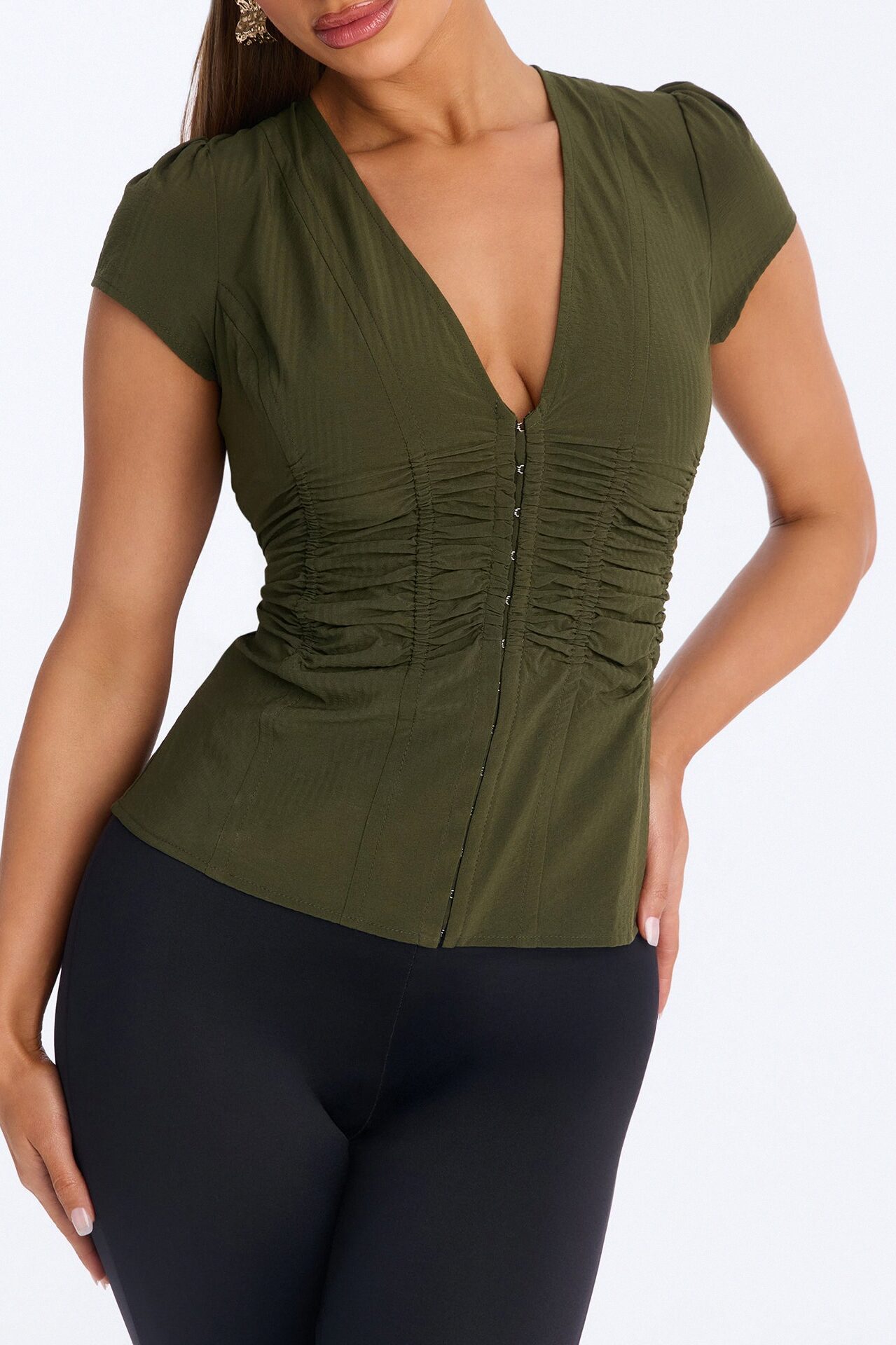Catch Feelings Short Sleeve Ruched Top - Olive