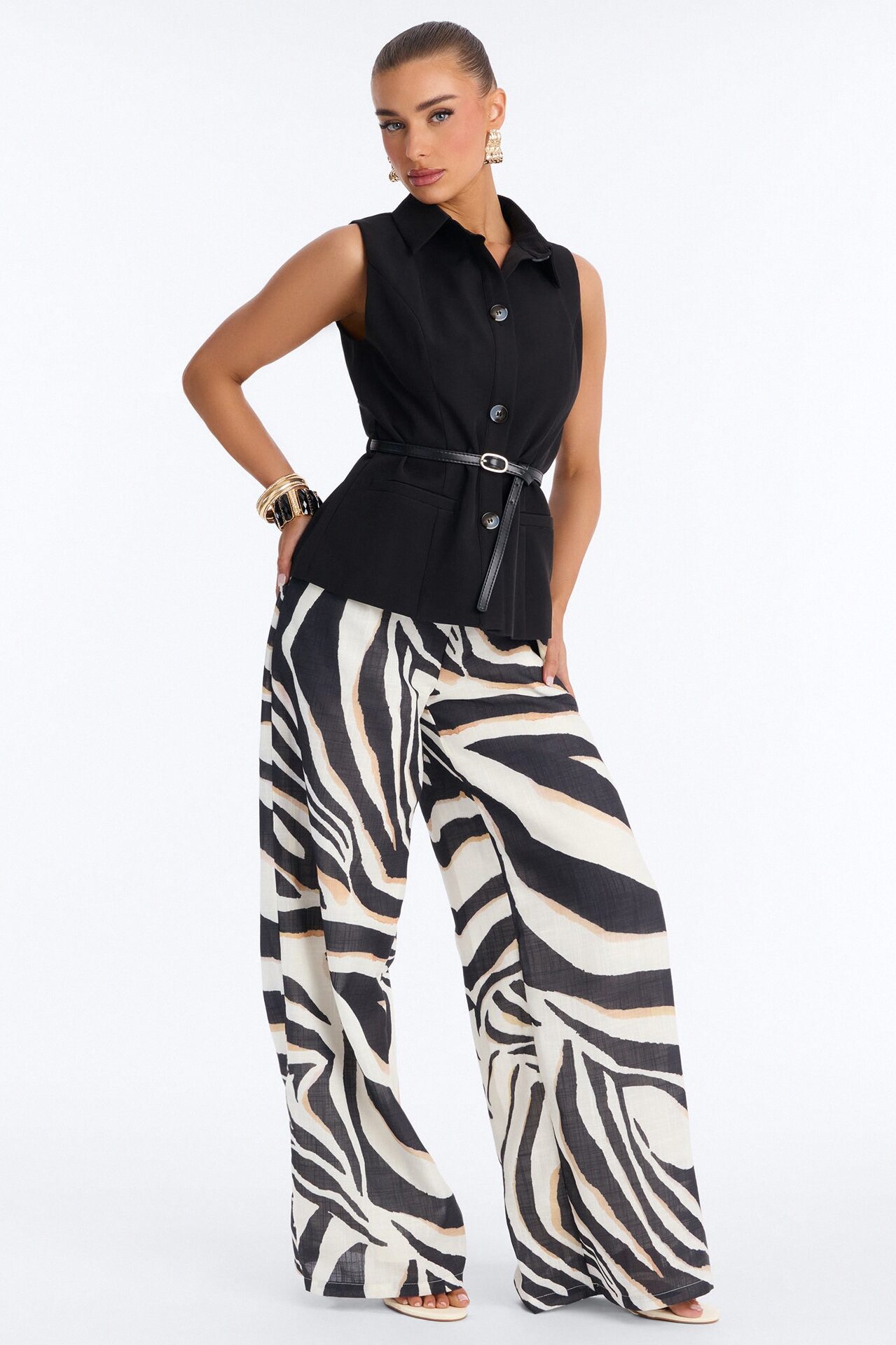 Lola Zebra Print Belted Pant Set - Black/combo