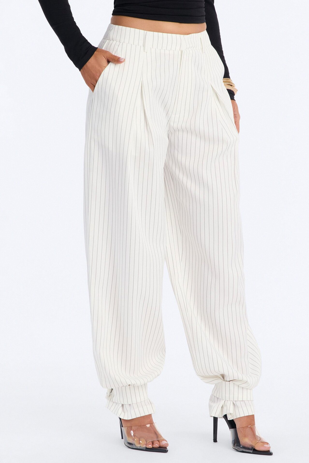 Never Settle Pinstripe Adjustable Cuff Trouser Pants 33″ - Ivory