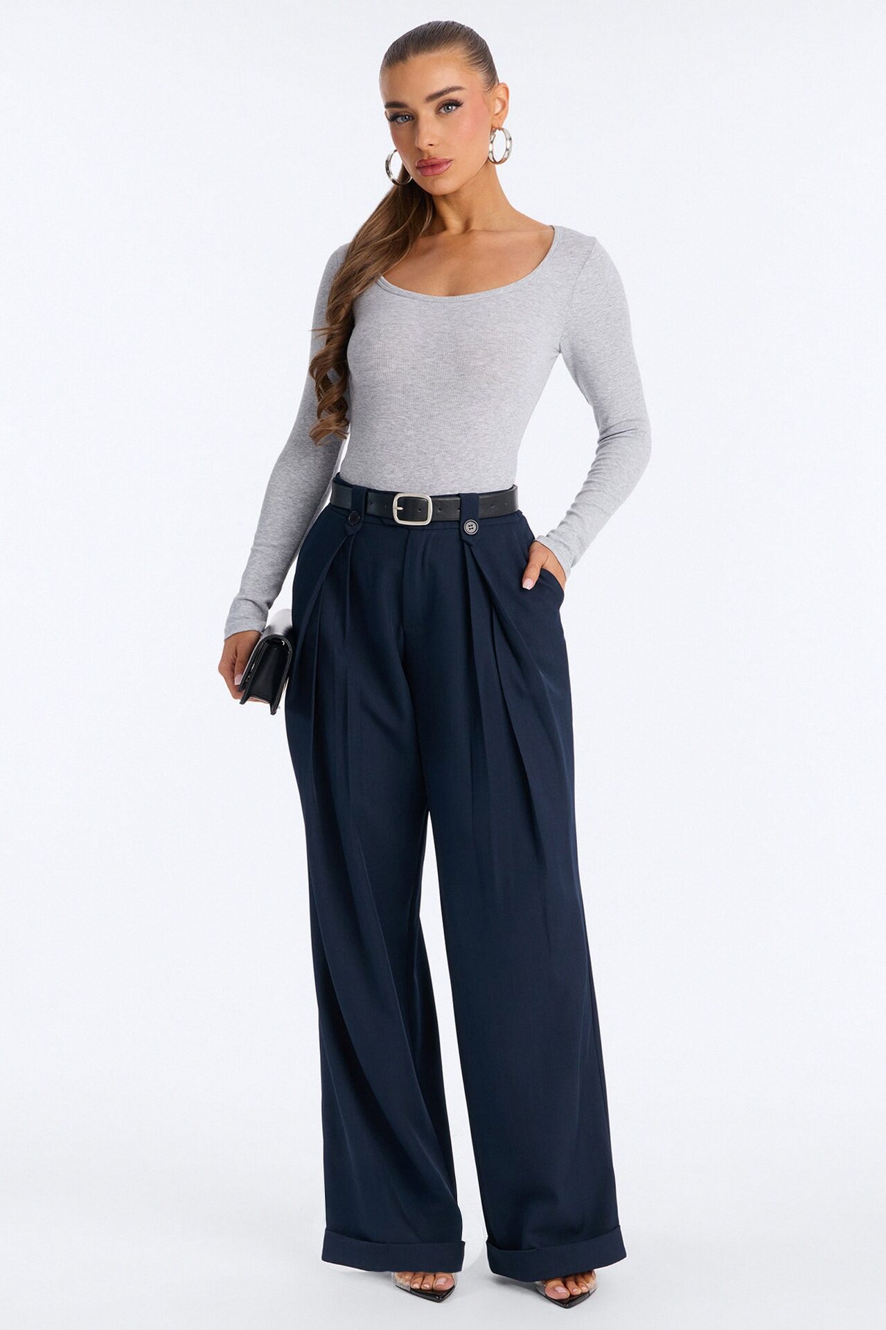 Brooklyn Mid Rise Belted Wide Leg Trouser Pant 33″ - Navy