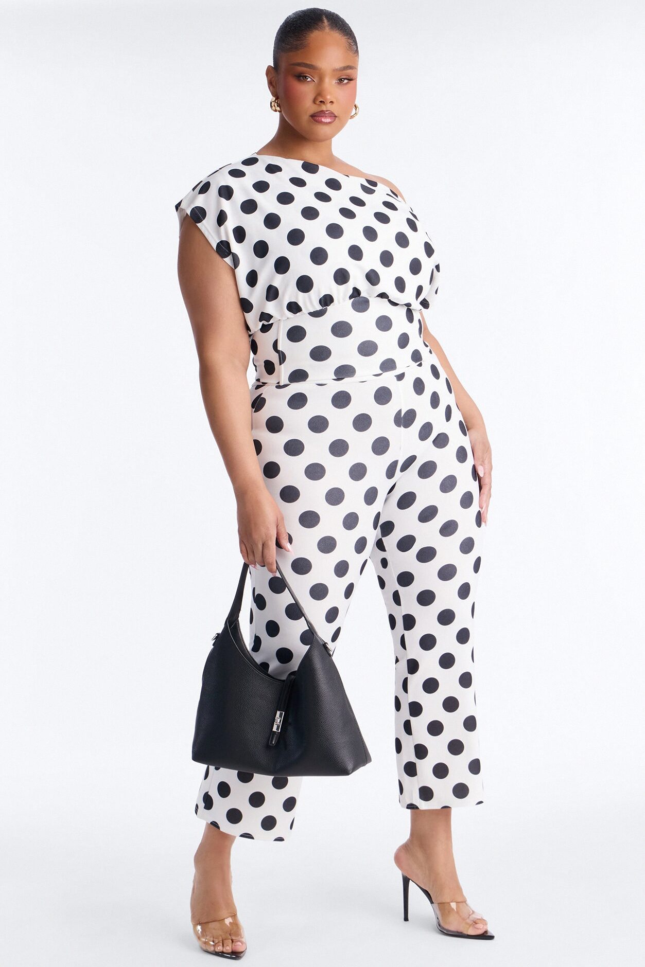 Lily Polka Dot Off Shoulder Pant Set - White/Black