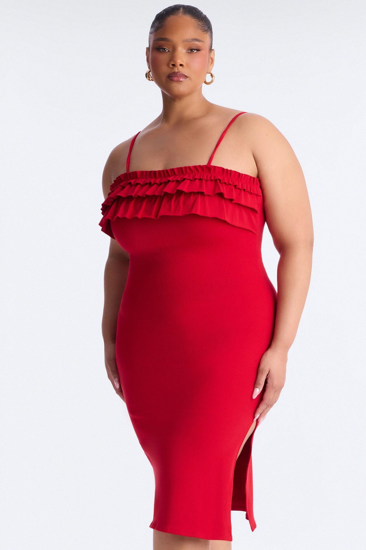 Paloma Ruffle Ribbed Midi Dress - Red
