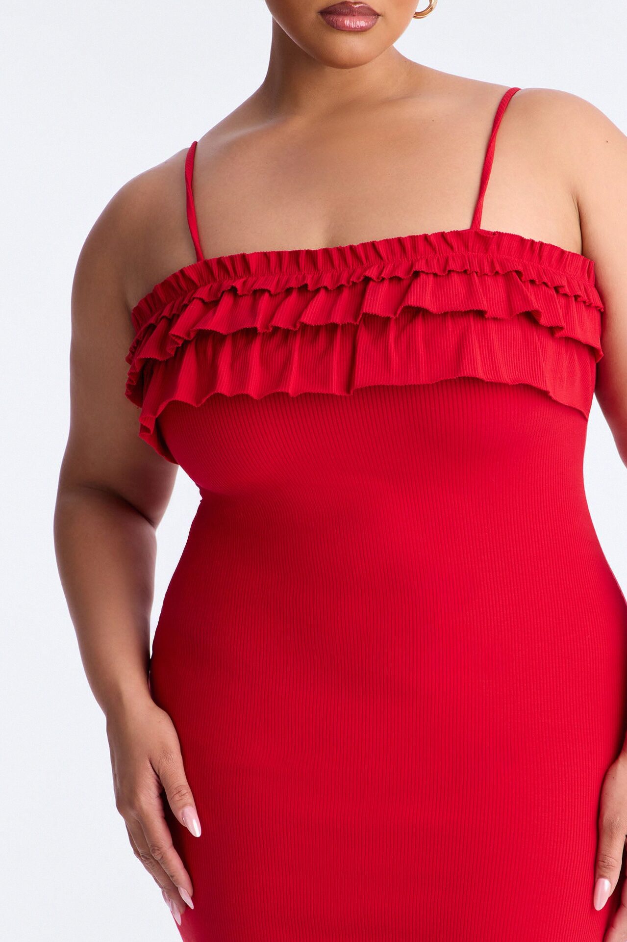 Paloma Ruffle Ribbed Midi Dress - Red