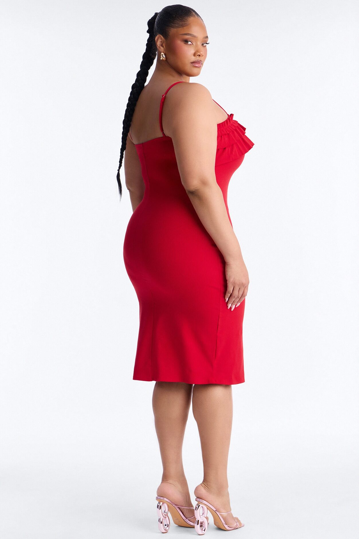 Paloma Ruffle Ribbed Midi Dress - Red