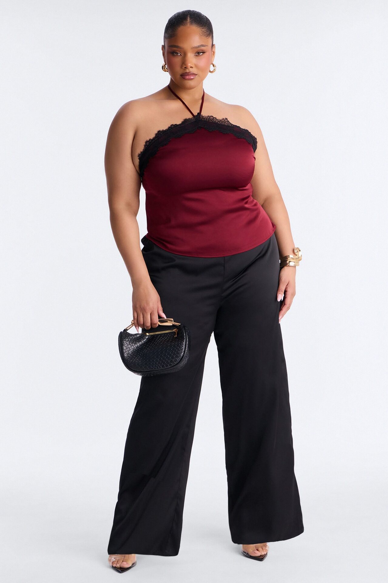 Jayde Satin Lace Detail Halter Top - DarkRed