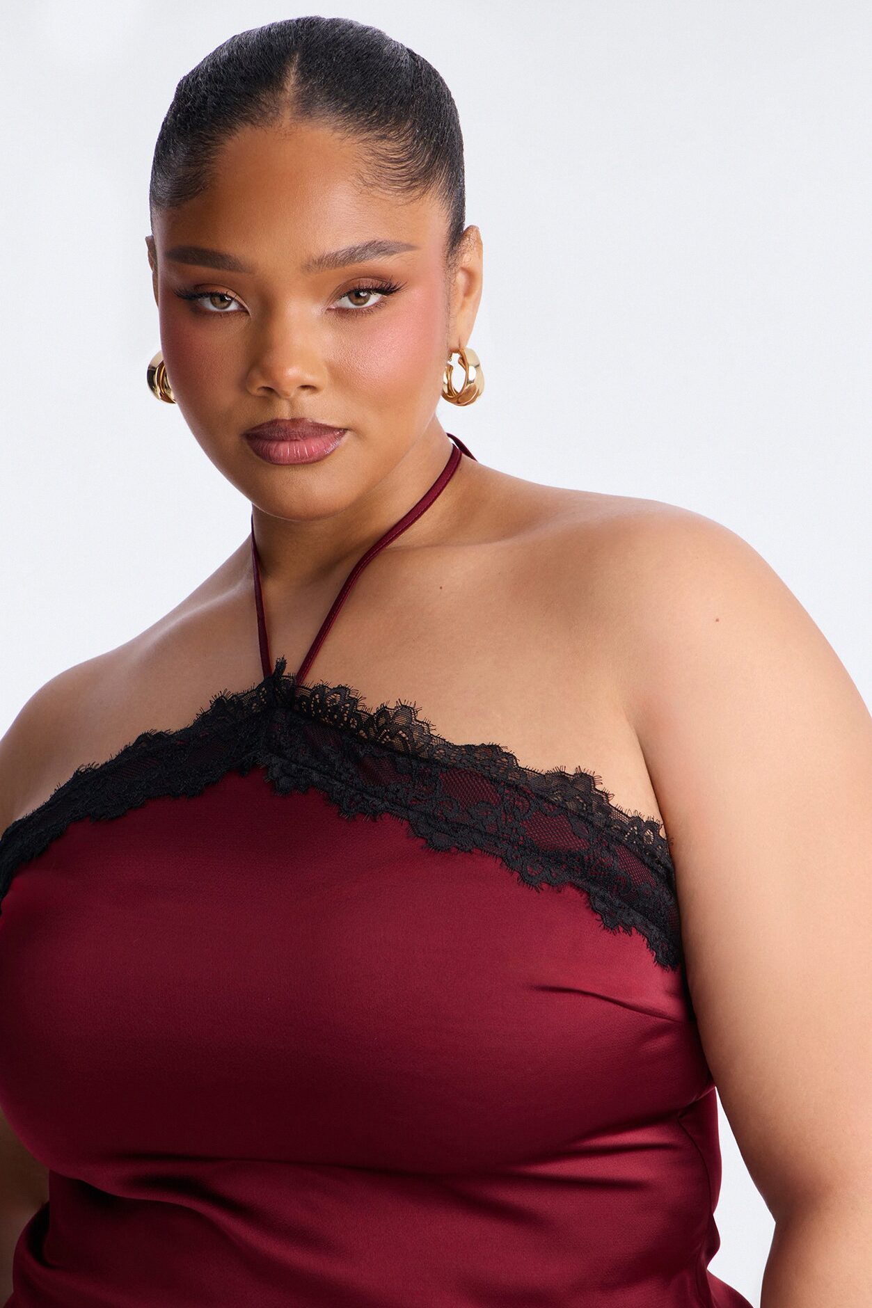 Jayde Satin Lace Detail Halter Top - DarkRed