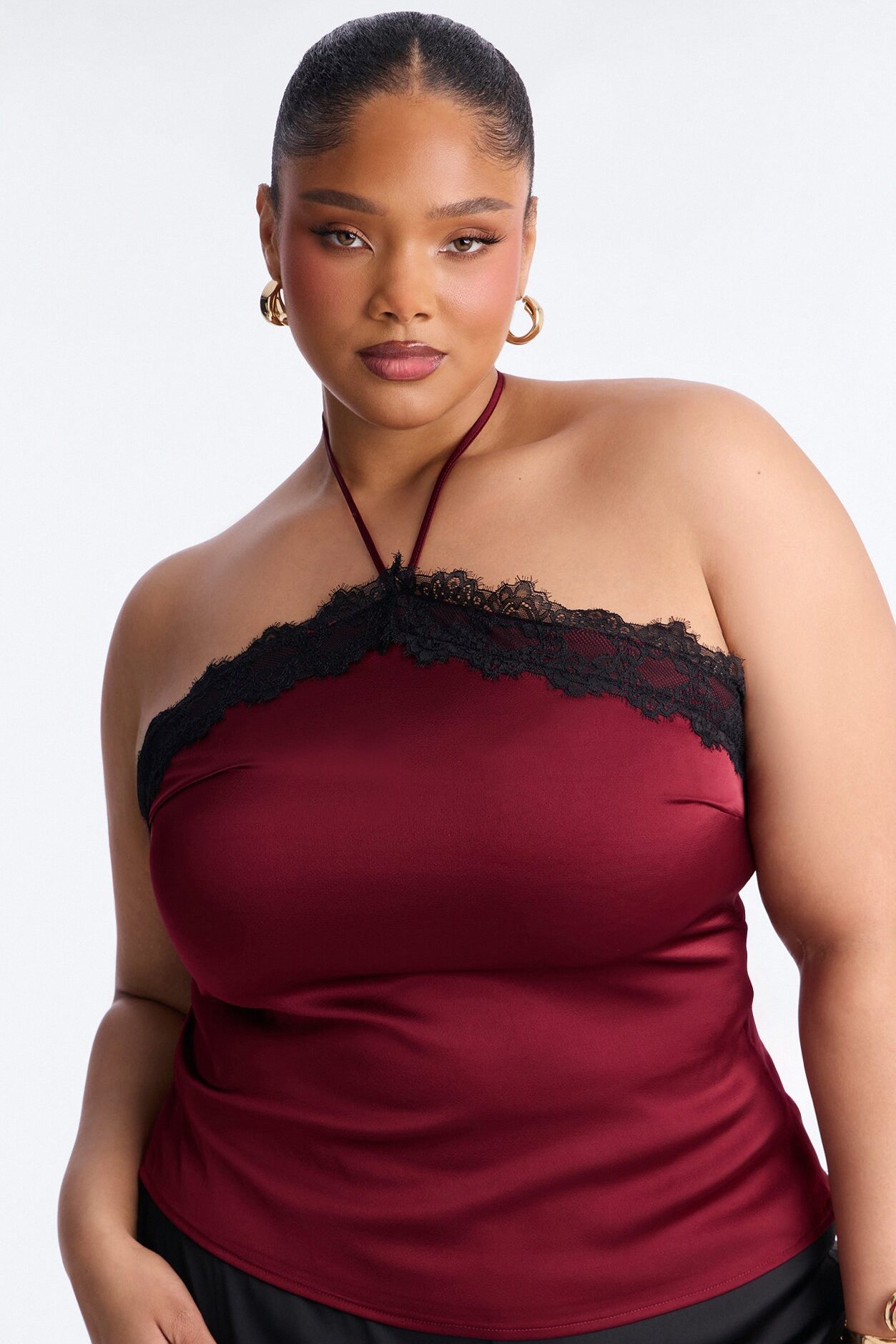 Jayde Satin Lace Detail Halter Top - DarkRed