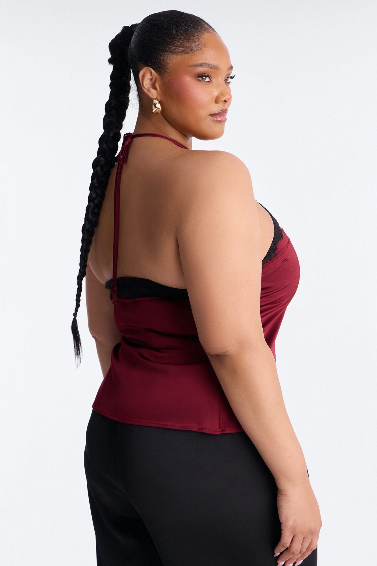 Jayde Satin Lace Detail Halter Top - DarkRed