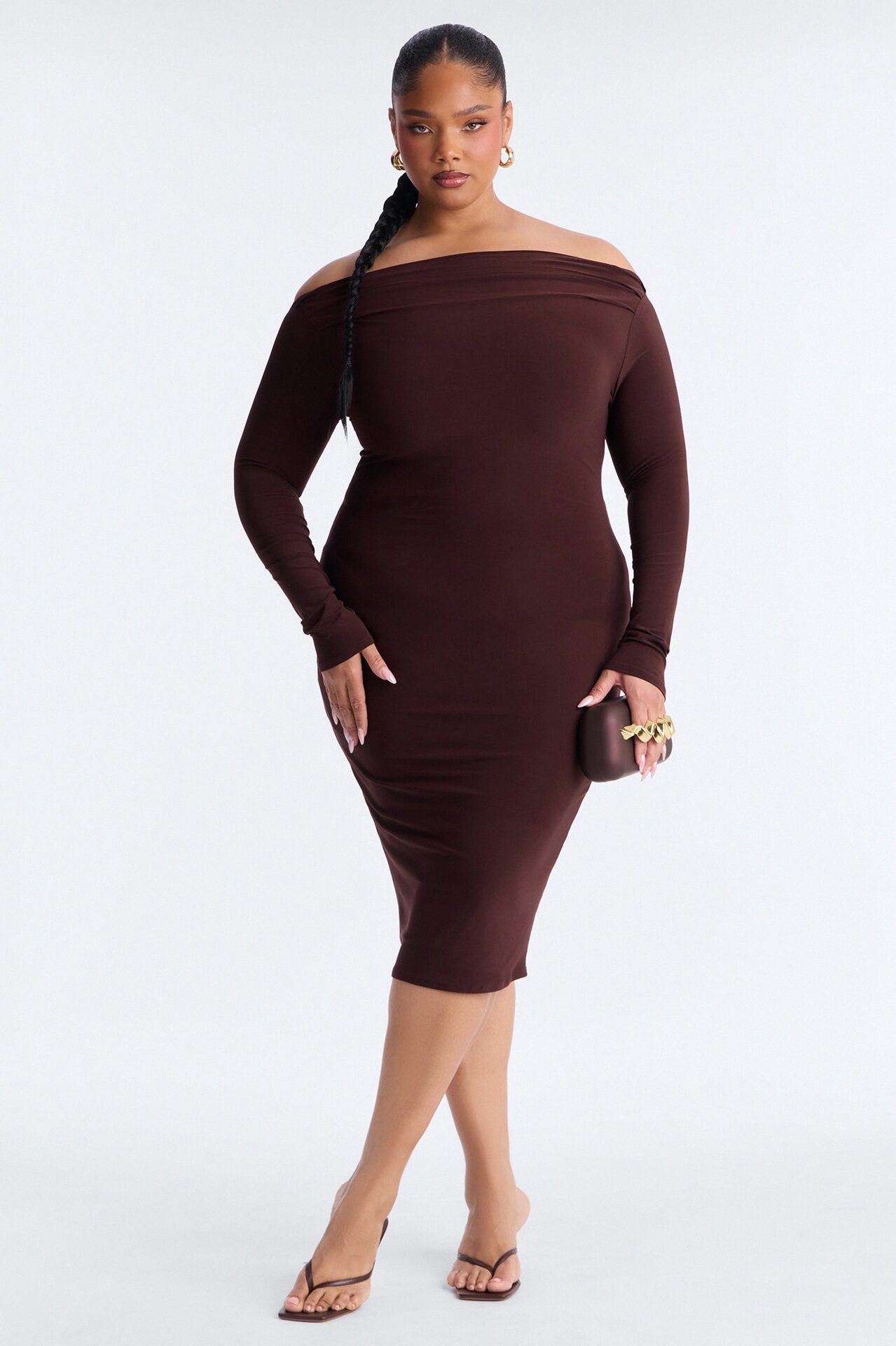 Delia Off Shoulder Midi Dress - Chocolate