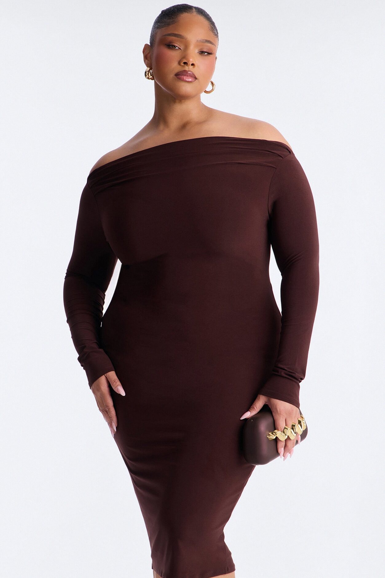 Delia Off Shoulder Midi Dress - Chocolate