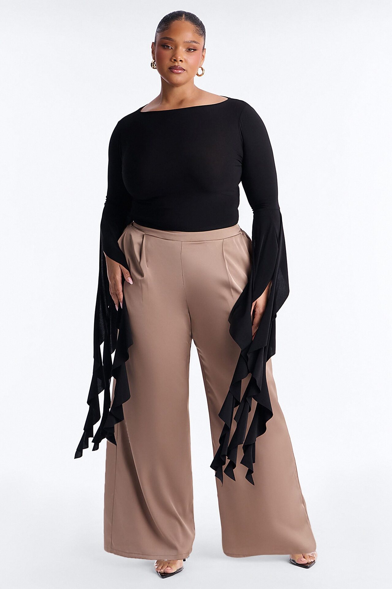 Isabella Boat Neck Ruffle Long Sleeve Top - Black