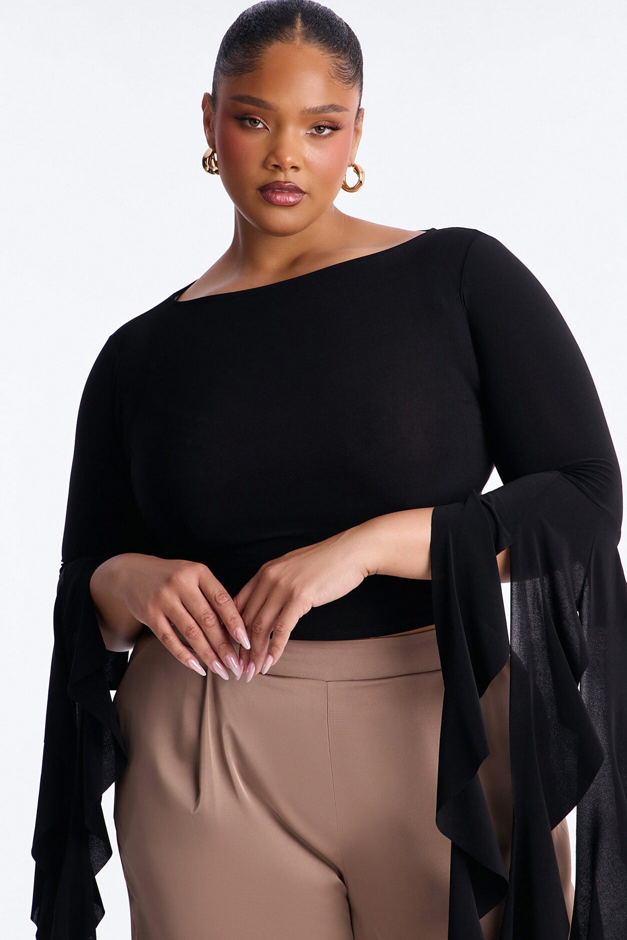 Isabella Boat Neck Ruffle Long Sleeve Top - Black