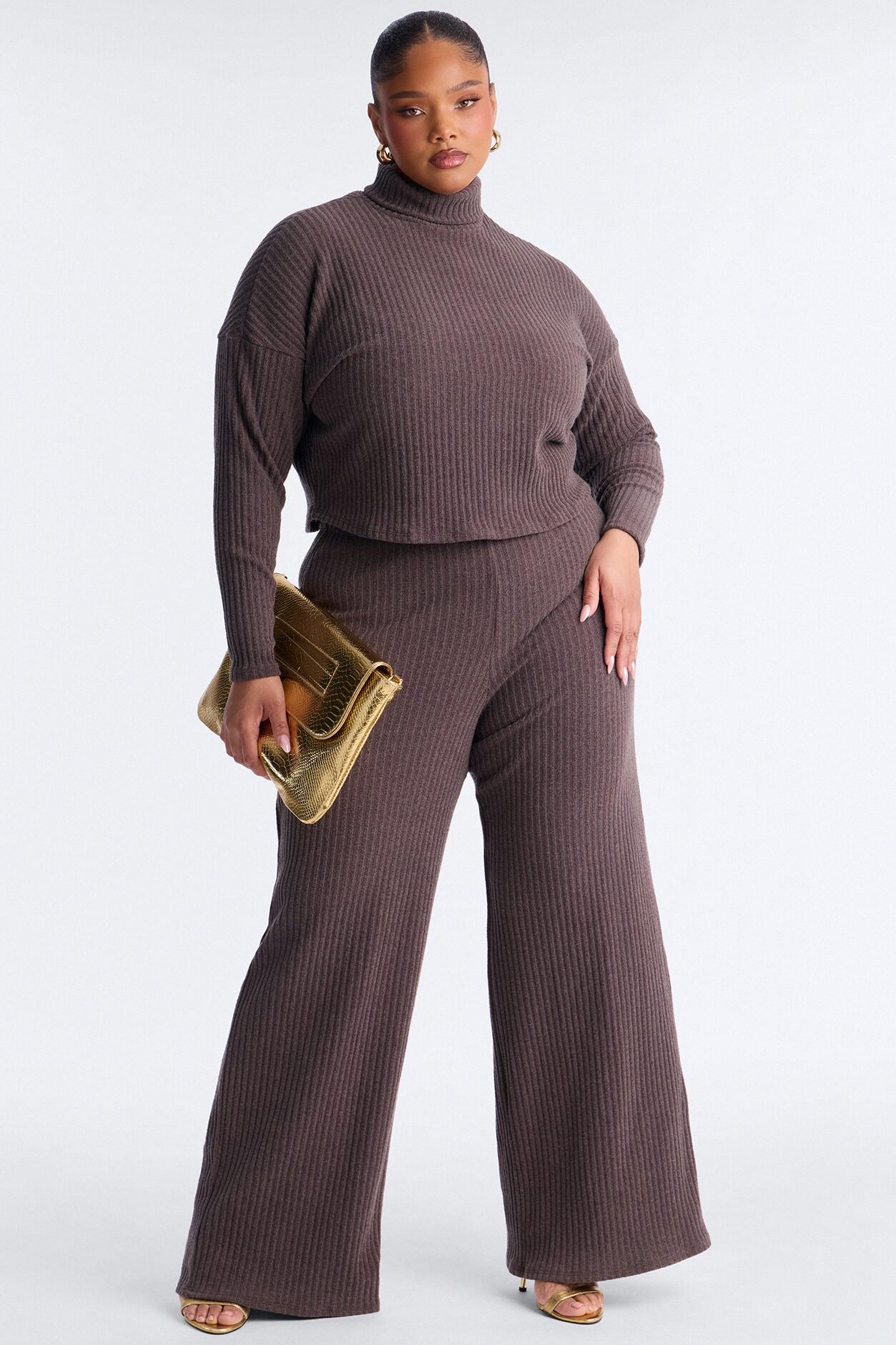 Melissa Ribbed Turtleneck Pant Set - Brown
