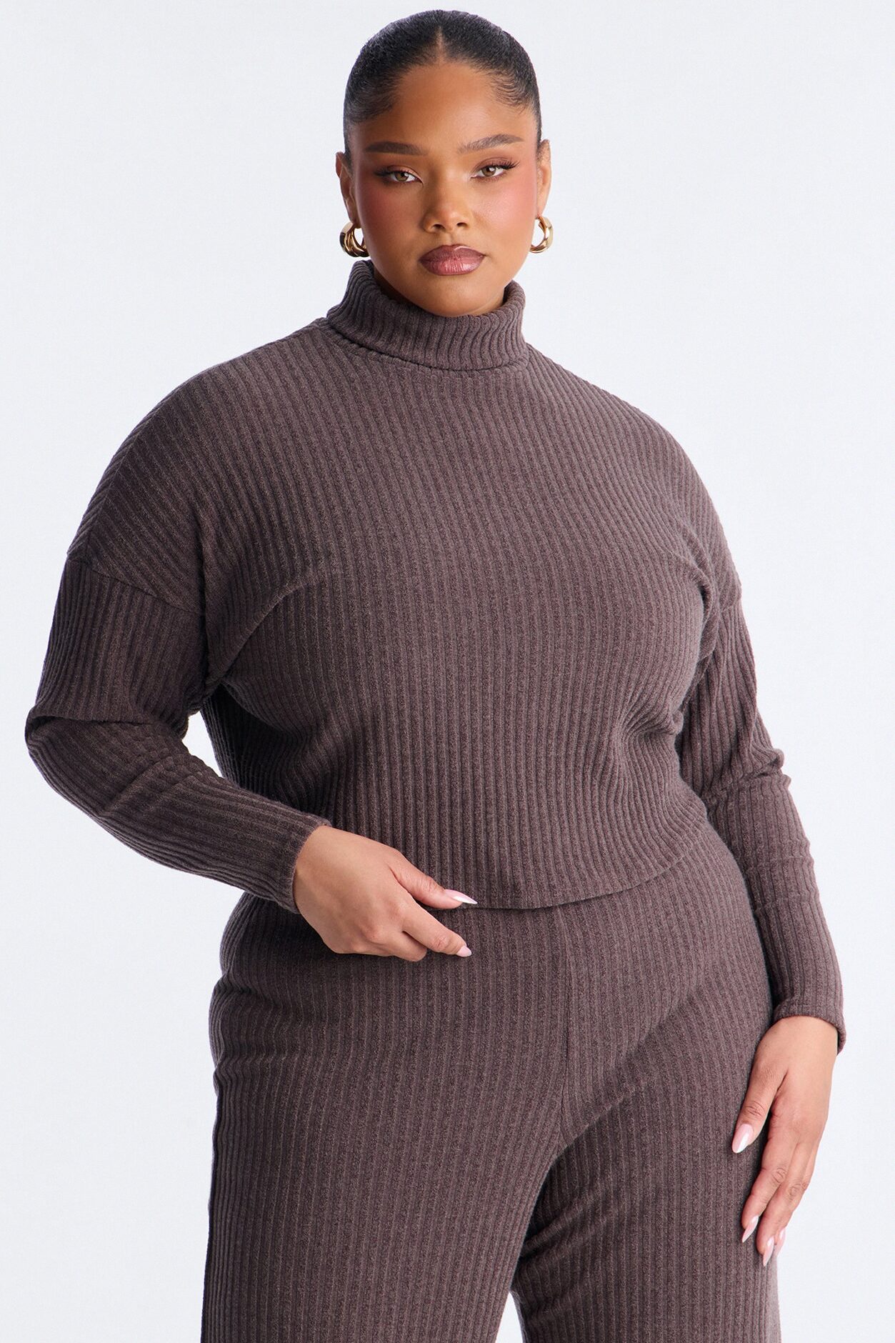 Melissa Ribbed Turtleneck Pant Set - Brown