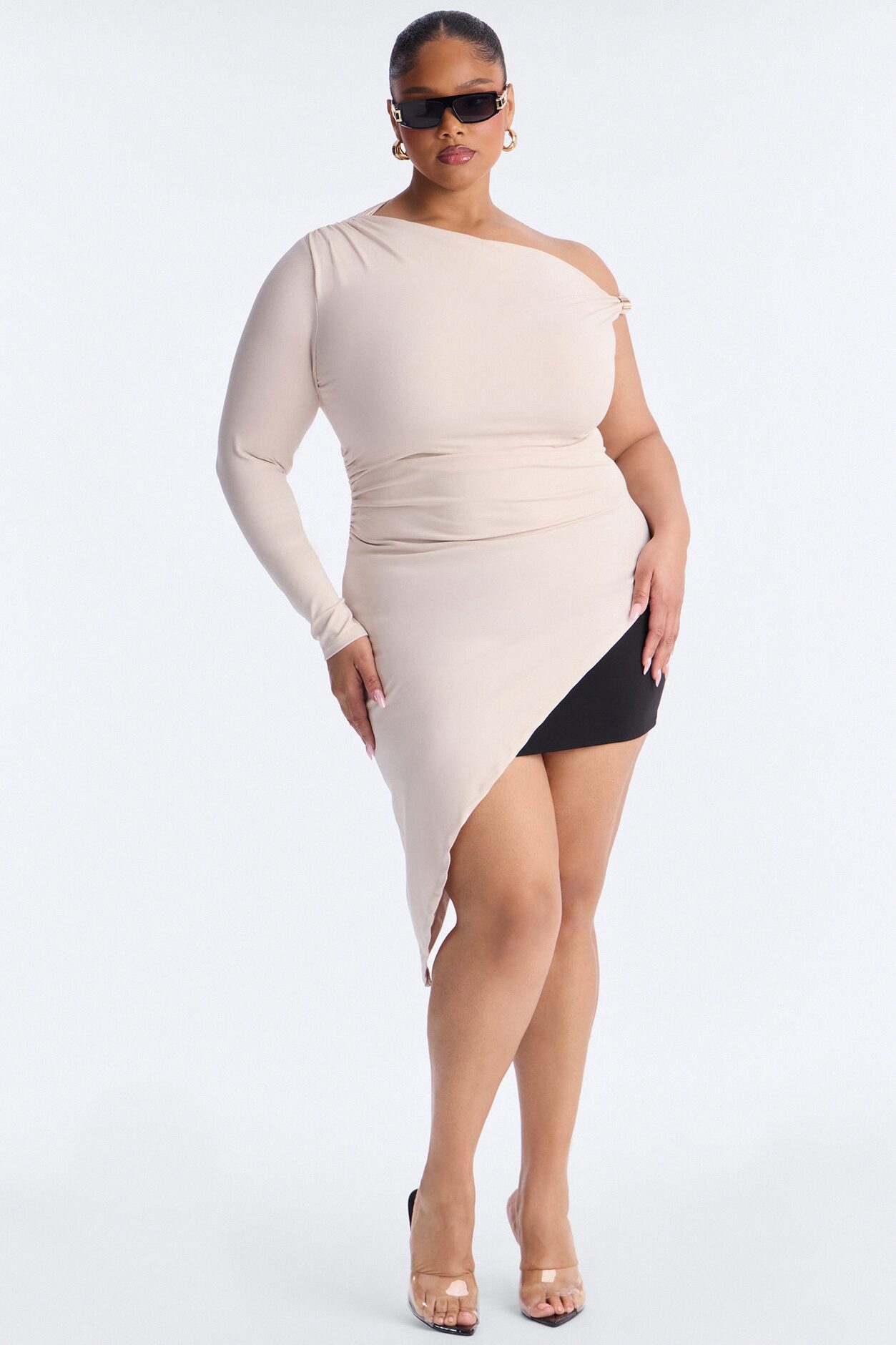 Moscow One Shoulder Asymmetrical Long Sleeve Top - Stone