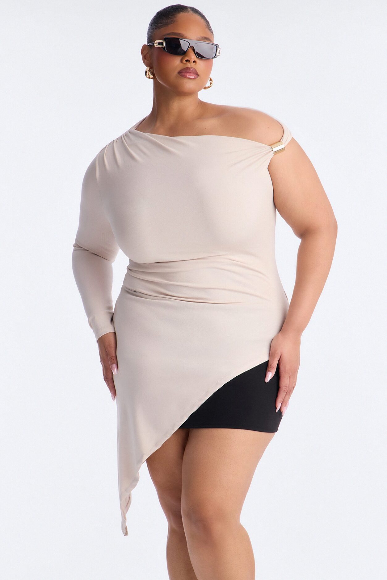 Moscow One Shoulder Asymmetrical Long Sleeve Top - Stone