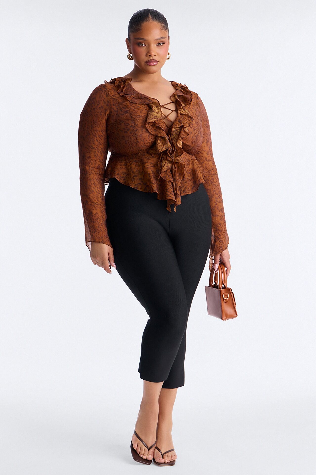 Brittney Chiffon Lace Up Long Sleeve Blouse - Brown/combo