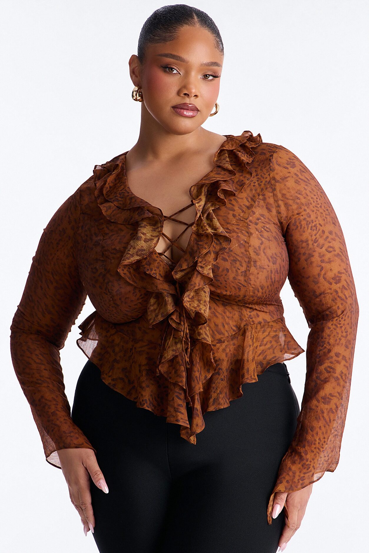 Brittney Chiffon Lace Up Long Sleeve Blouse - Brown/combo