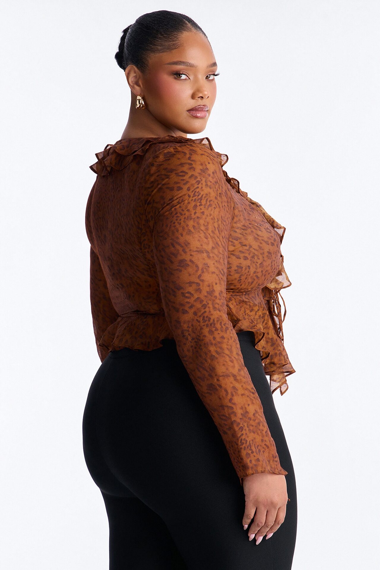 Brittney Chiffon Lace Up Long Sleeve Blouse - Brown/combo