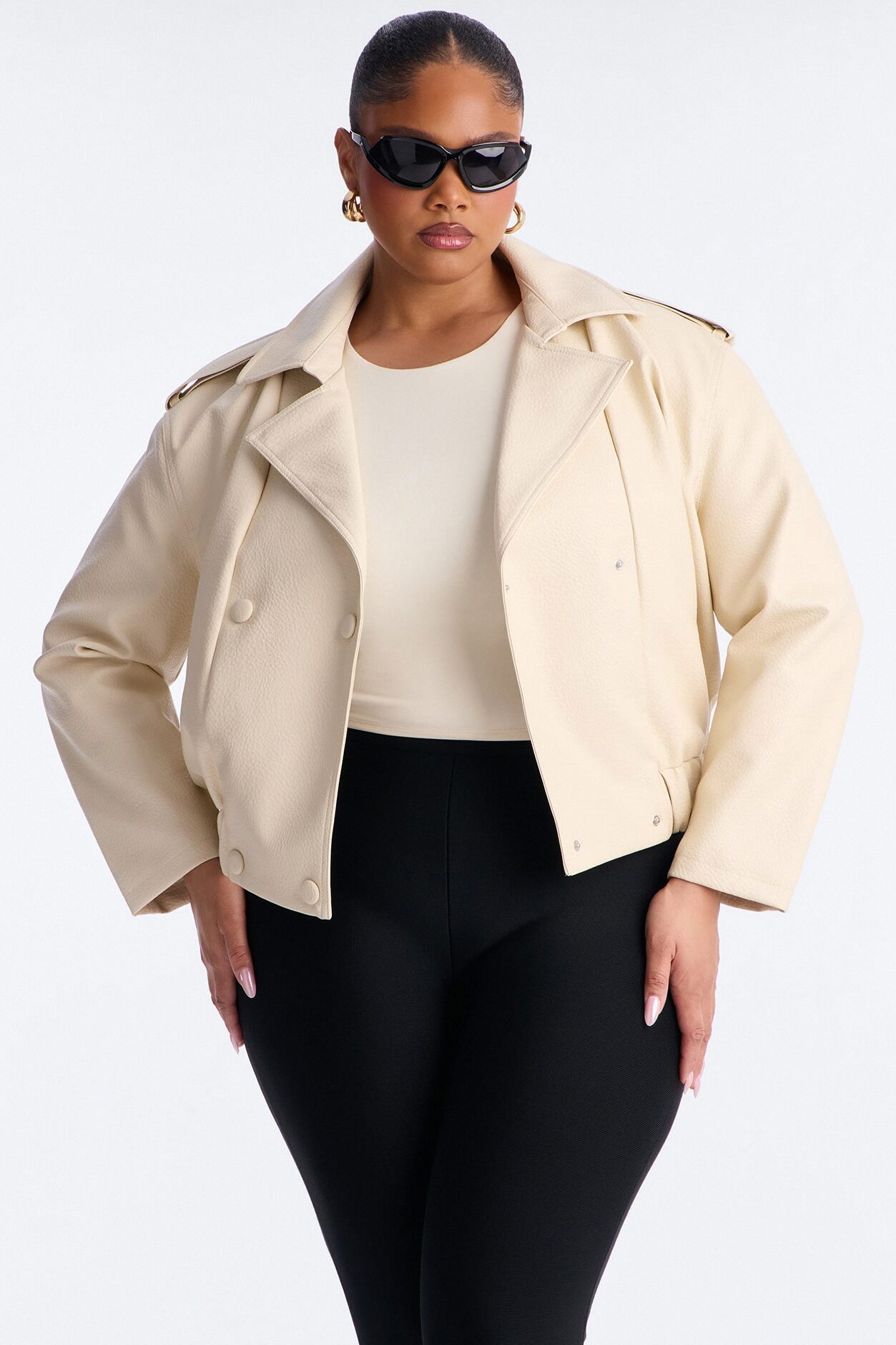 Adrienne Double Breasted Faux Leather Jacket - Bone