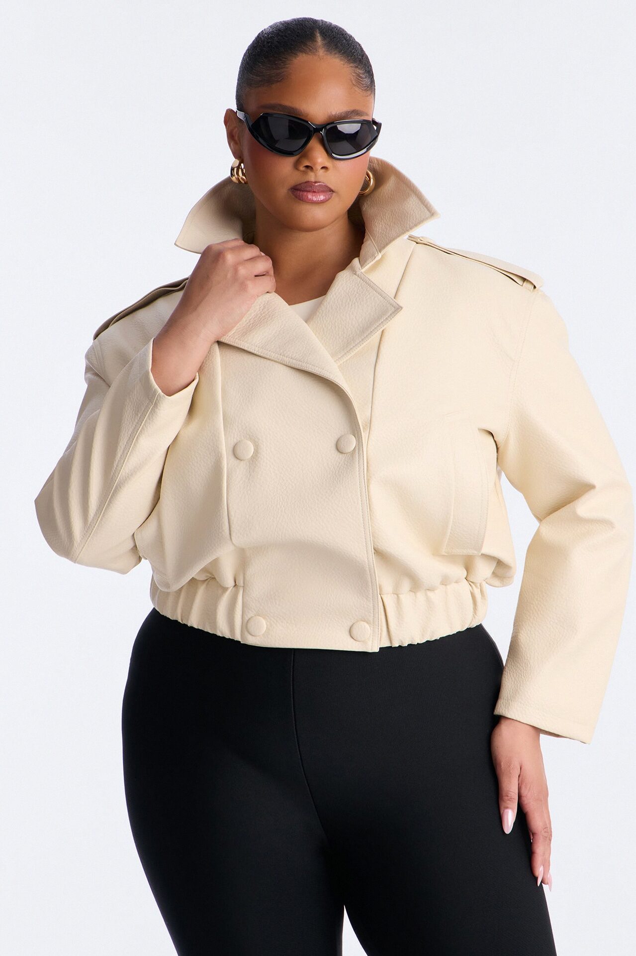 Adrienne Double Breasted Faux Leather Jacket - Bone