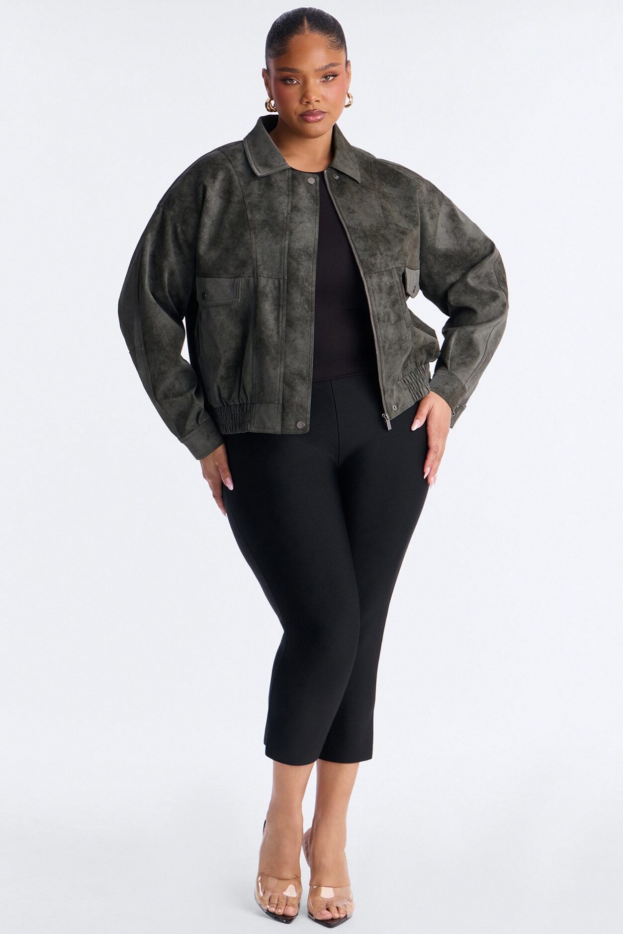 Corey Washed Faux Leather Bomber Jacket - Olive