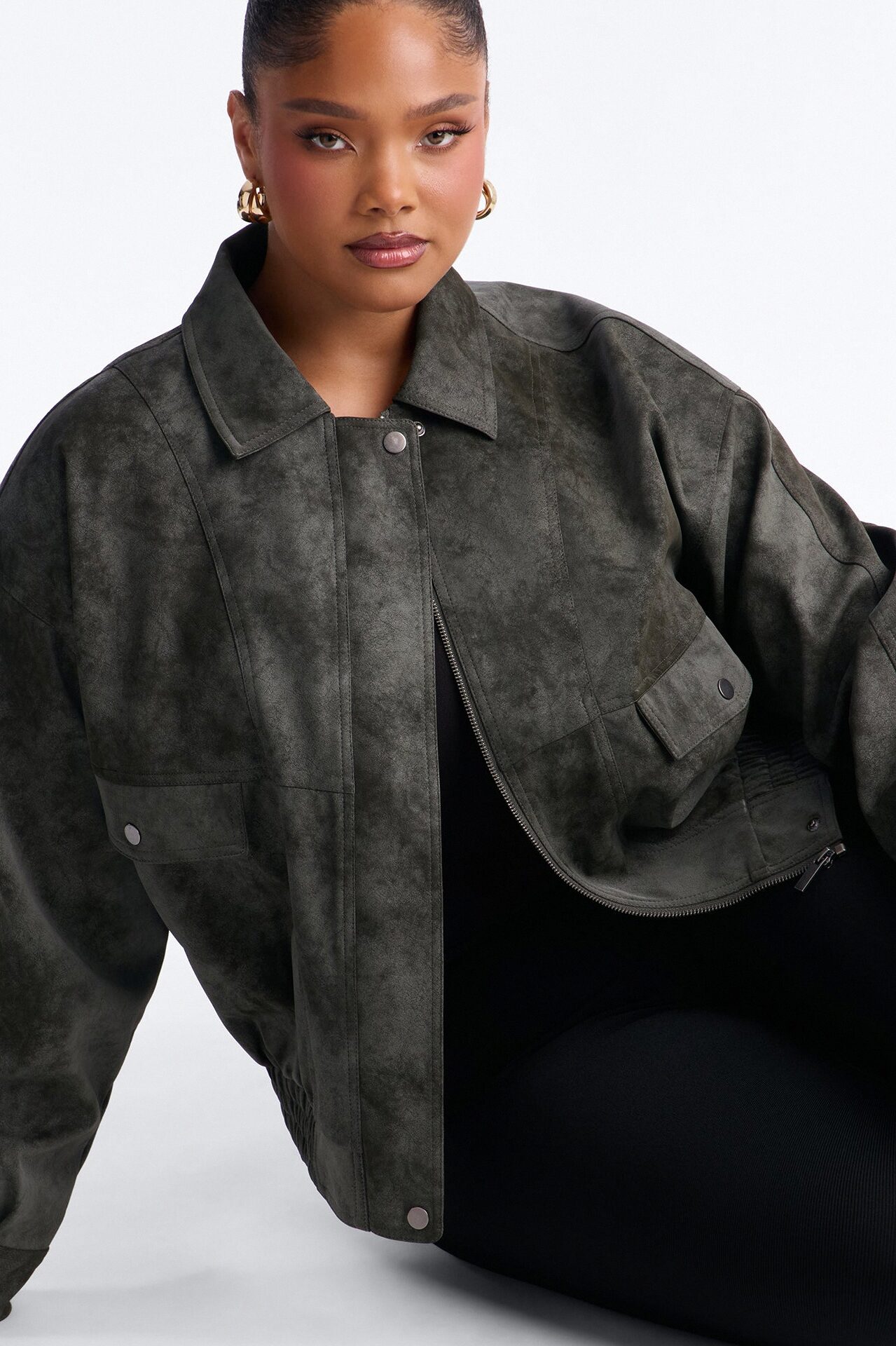 Corey Washed Faux Leather Bomber Jacket - Olive