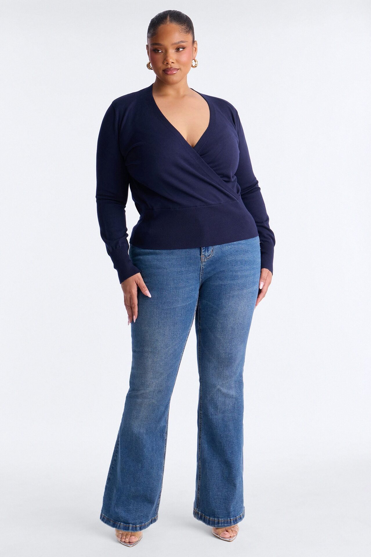 Amelia Shoulder Pads Surplice Sweater Top - Navy