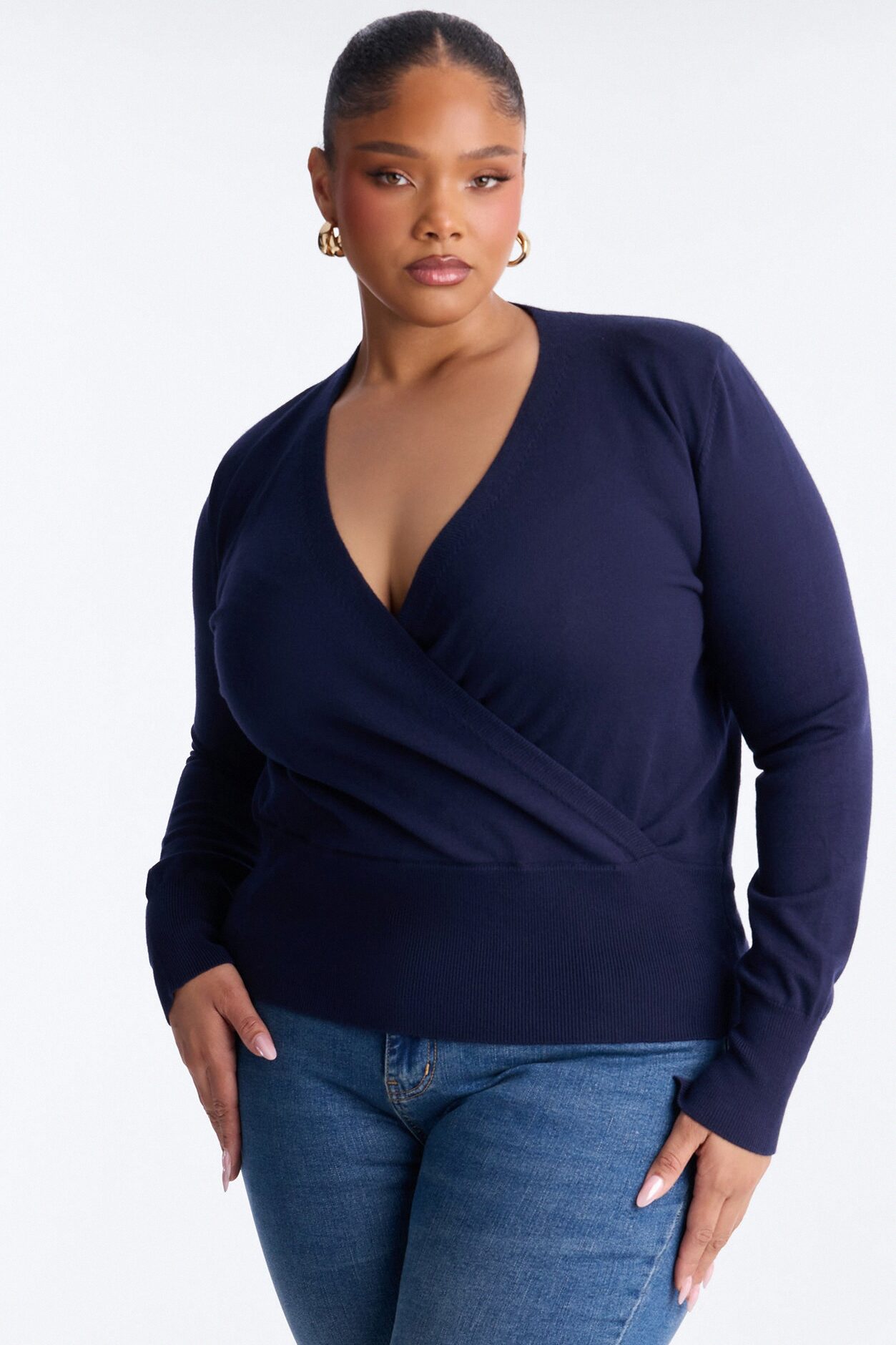 Amelia Shoulder Pads Surplice Sweater Top - Navy