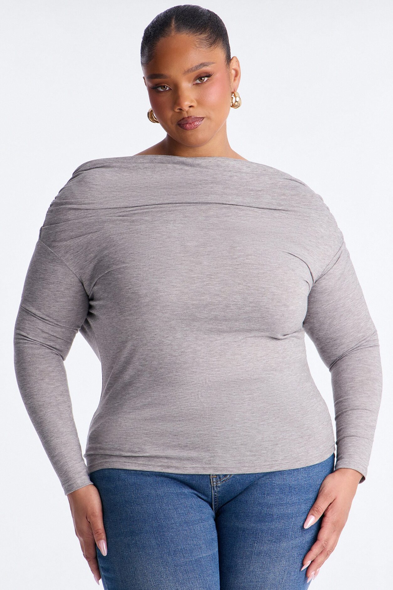 Heather Off Shoulder Ruched Long Sleeve Top - Heather Grey