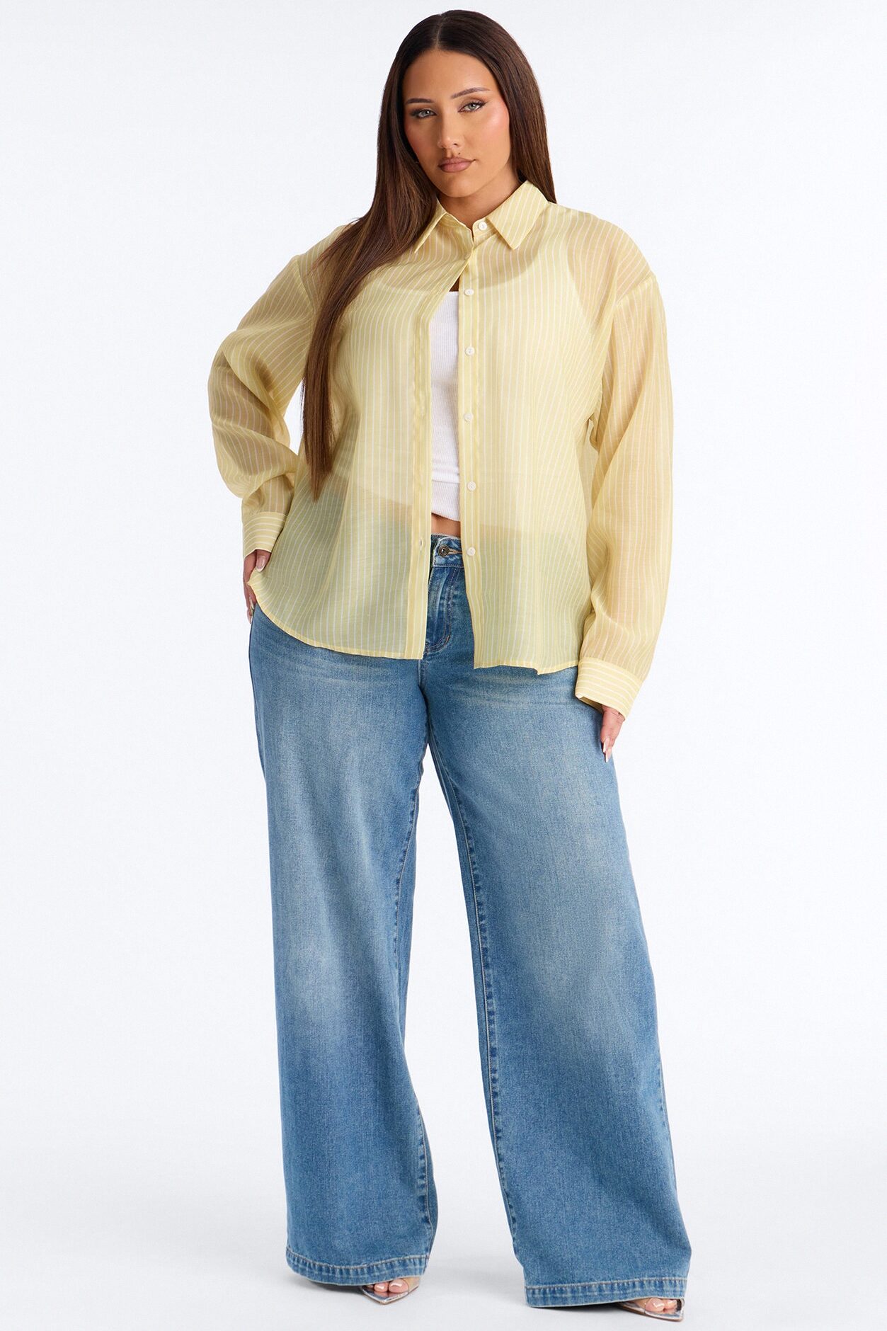 Cute Chaos Pinstripe Sheer Shirt - Butter Yellow