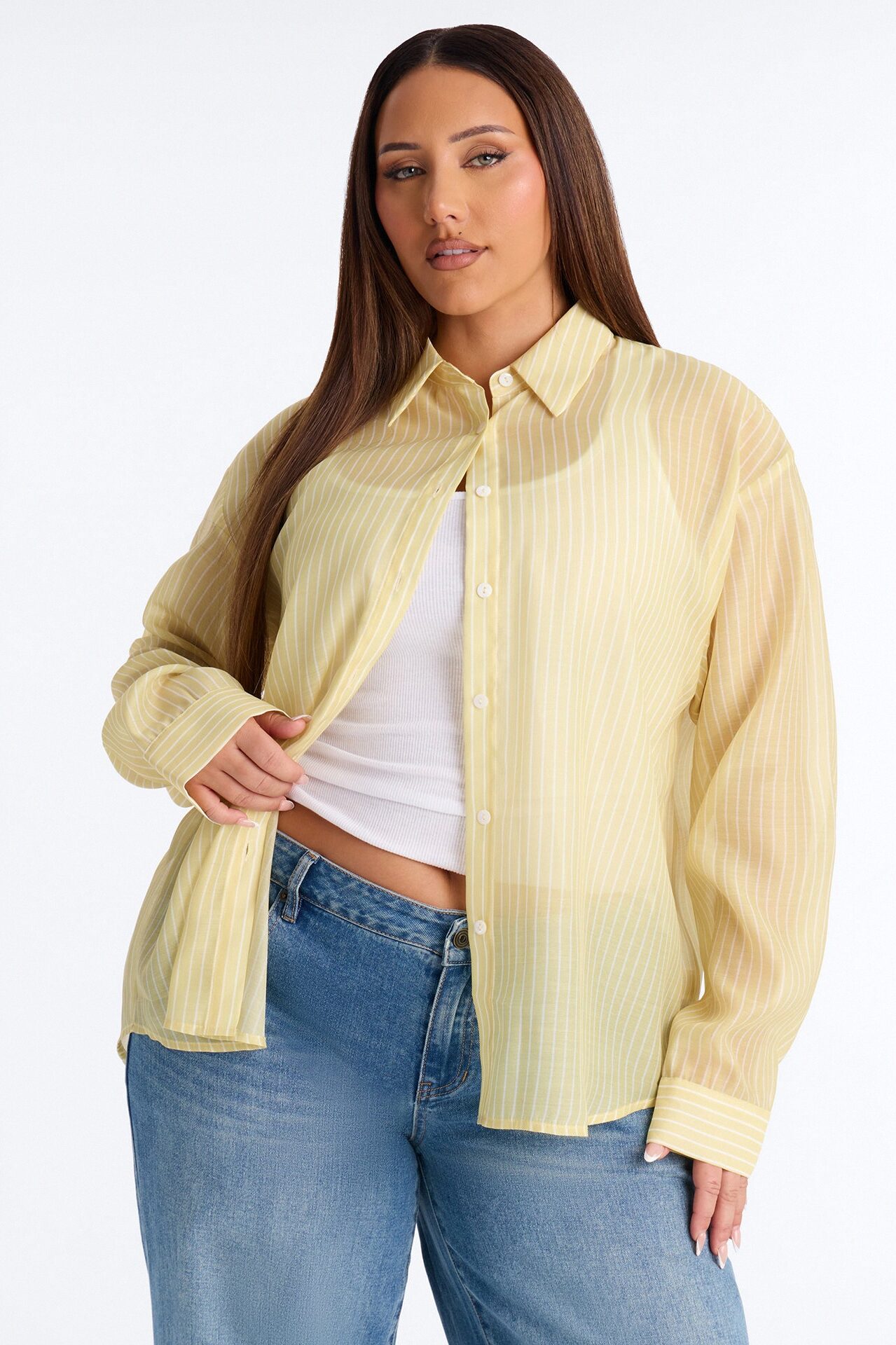 Cute Chaos Pinstripe Sheer Shirt - Butter Yellow