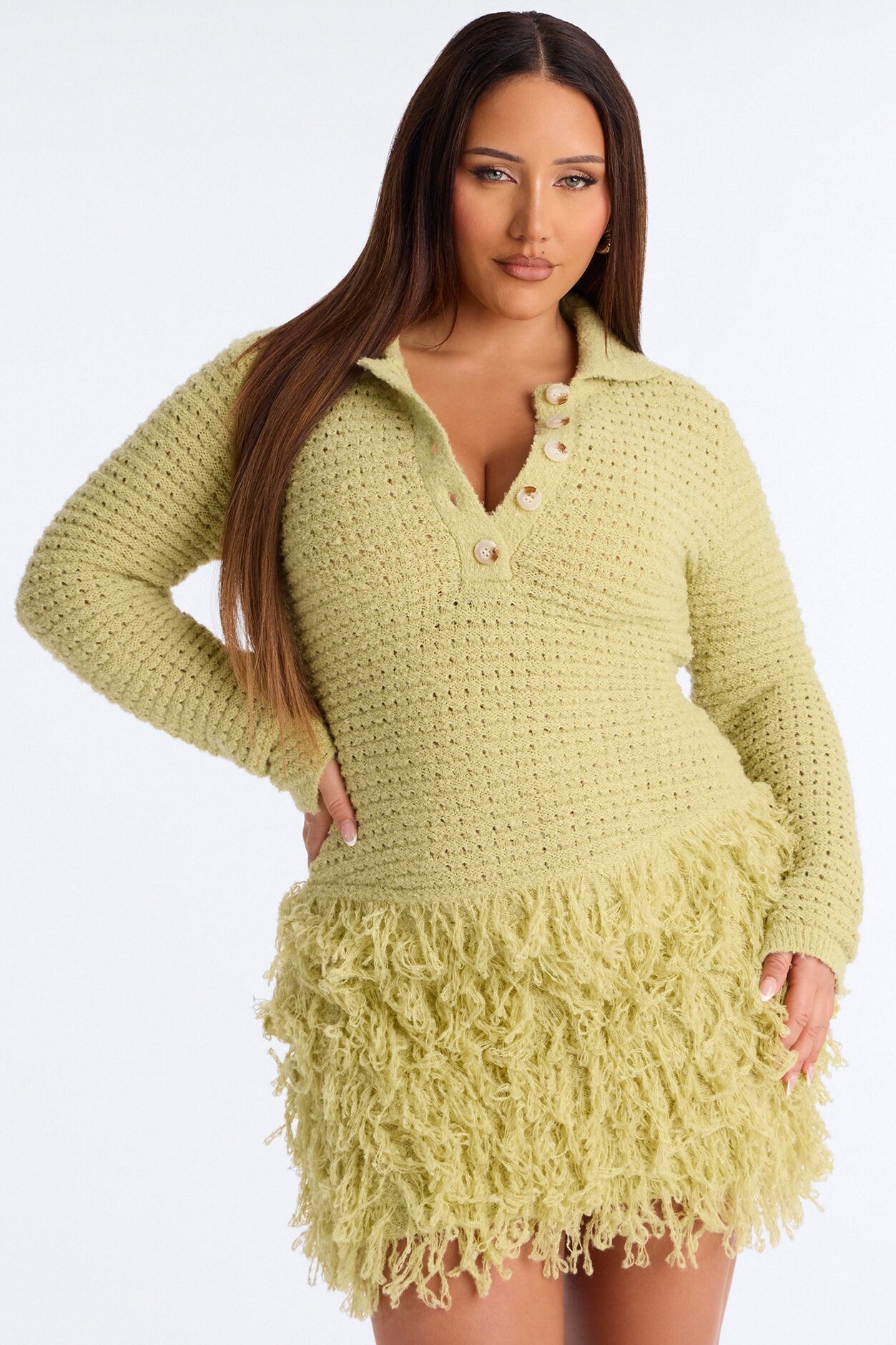 Forever Yours Fringe Trim Sweater Mini Dress - Chartreuse